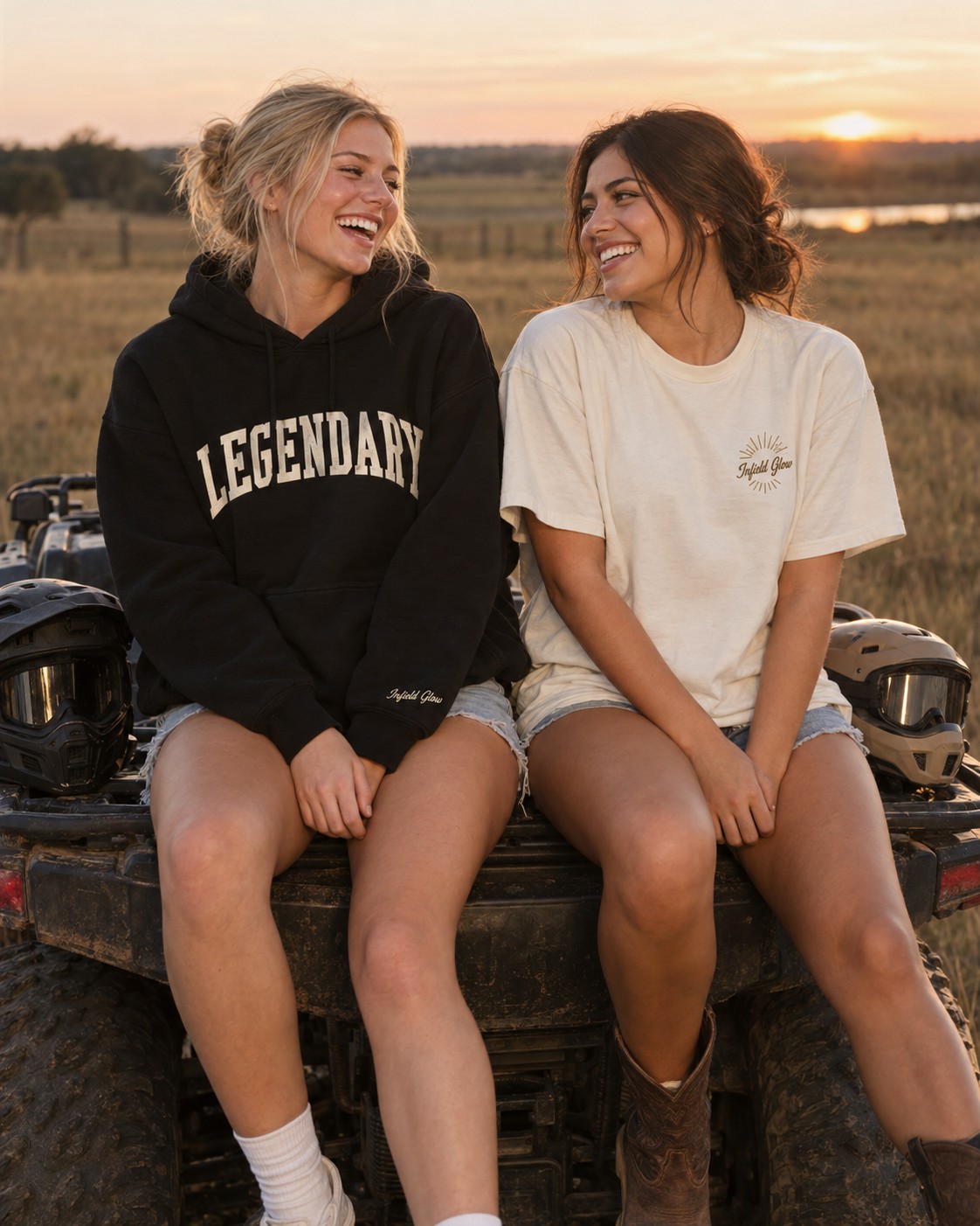two friends sitting on the back of a parked ATV in a field, helmets off beside them, laughing