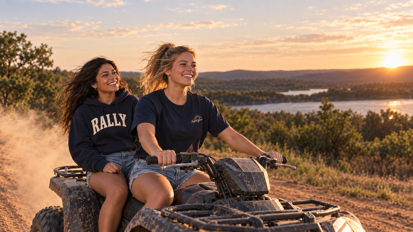 two friends on an ATV on a dirt trail, one driving and one riding behind, dust kicking up, late afternoon