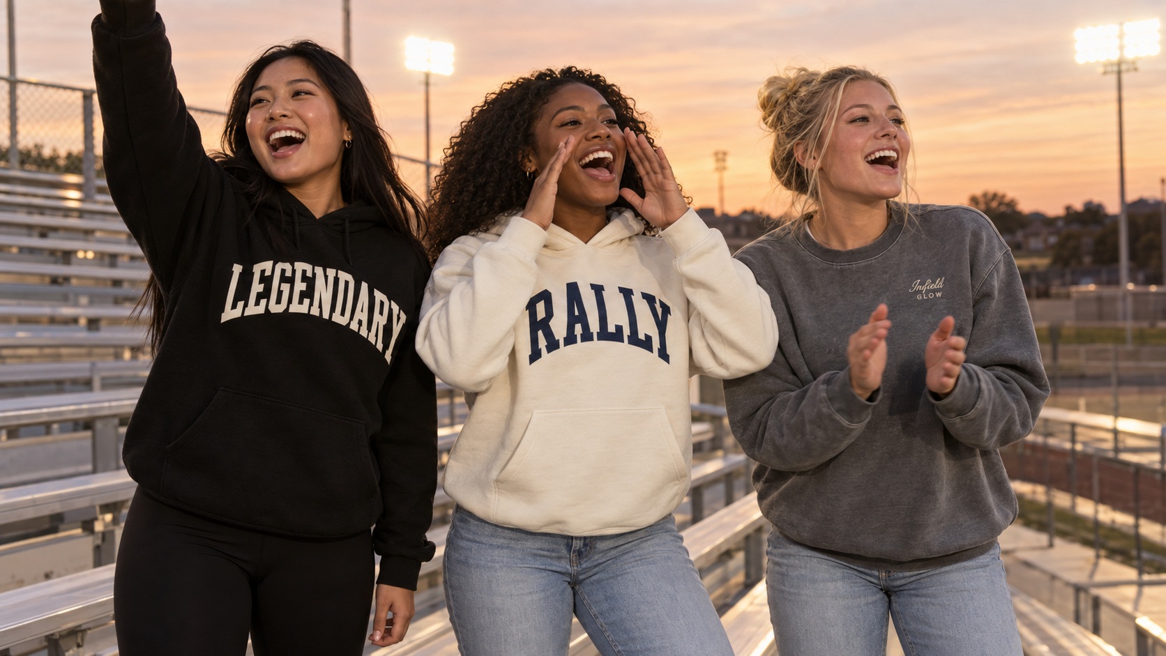 three friends high in the bleachers under Friday night lights, wrapped up warm, cheering