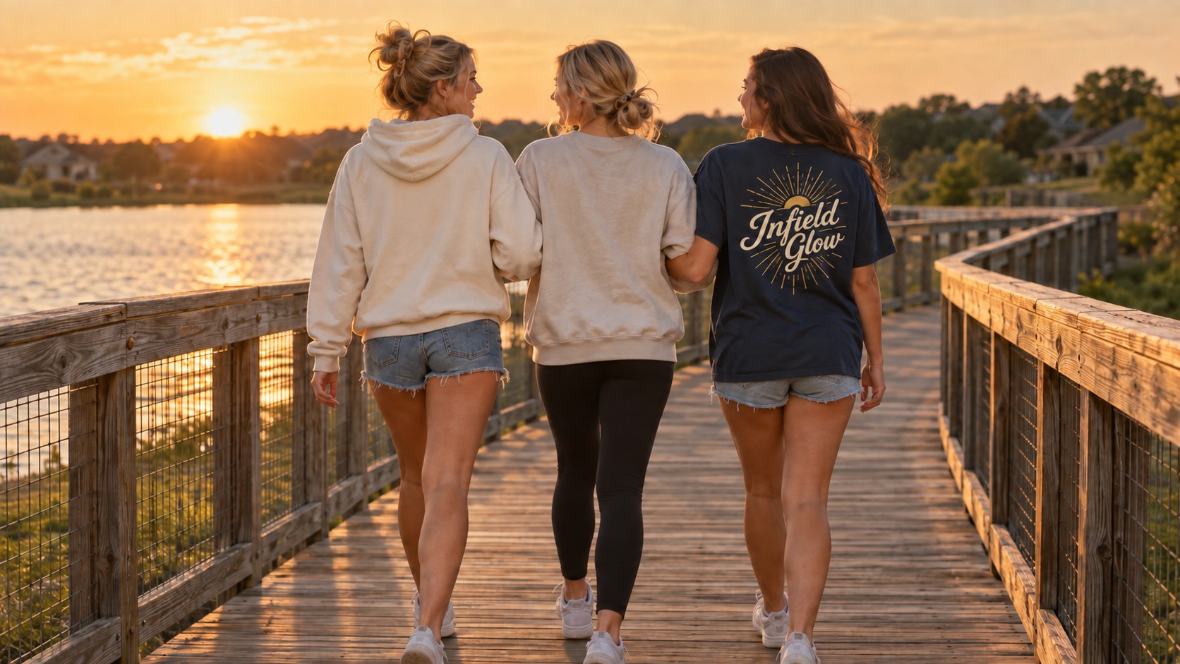 three friends walking a boardwalk away from camera, arms linked, late sun ahead of them