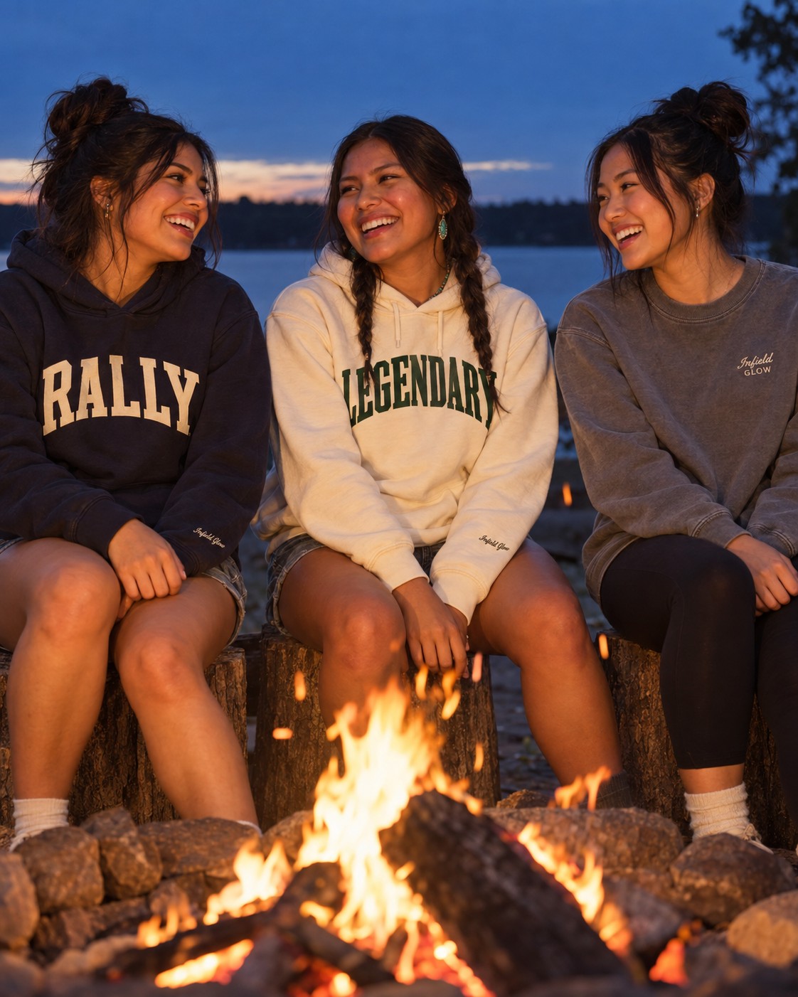 three friends sitting on logs around a bonfire at blue hour, faces lit warm by the flames, laughing, sparks rising