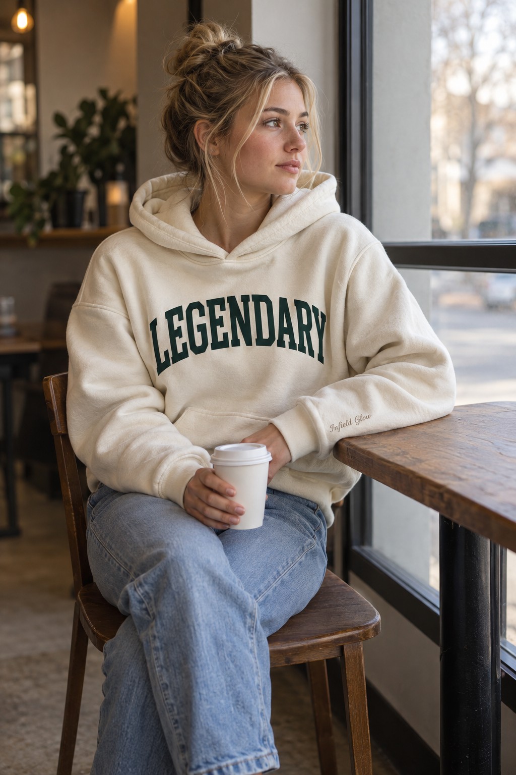 a girl at a coffee shop window seat with a takeaway cup, looking out, soft grey daylight