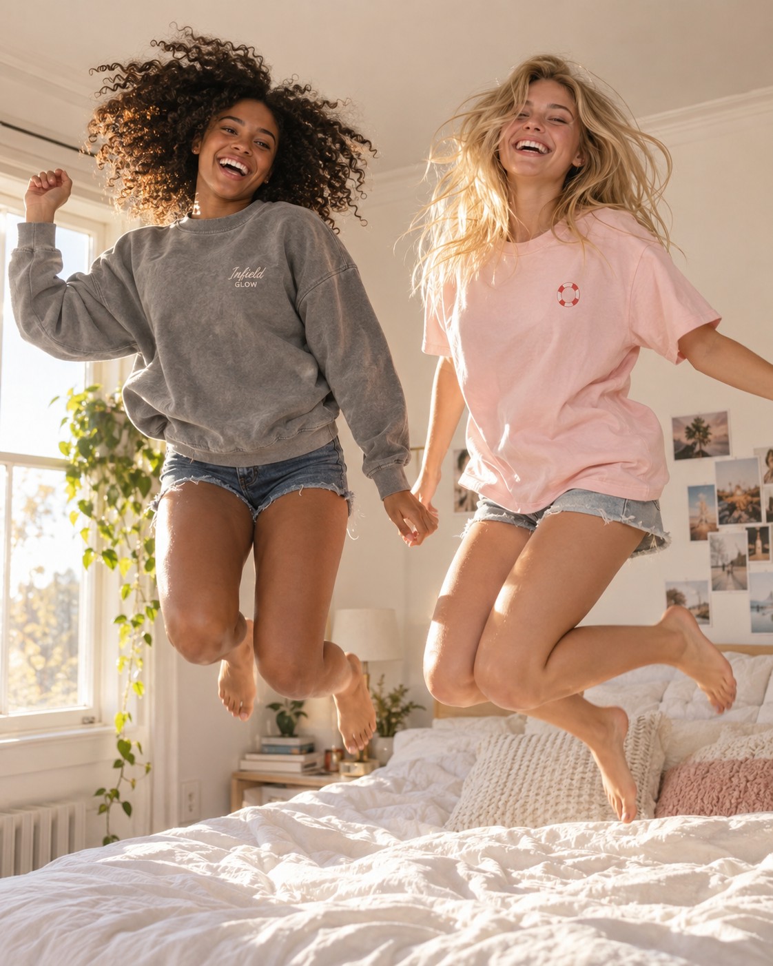 two friends jumping on a bed mid-laugh, hair up in the air, bright morning light through a window