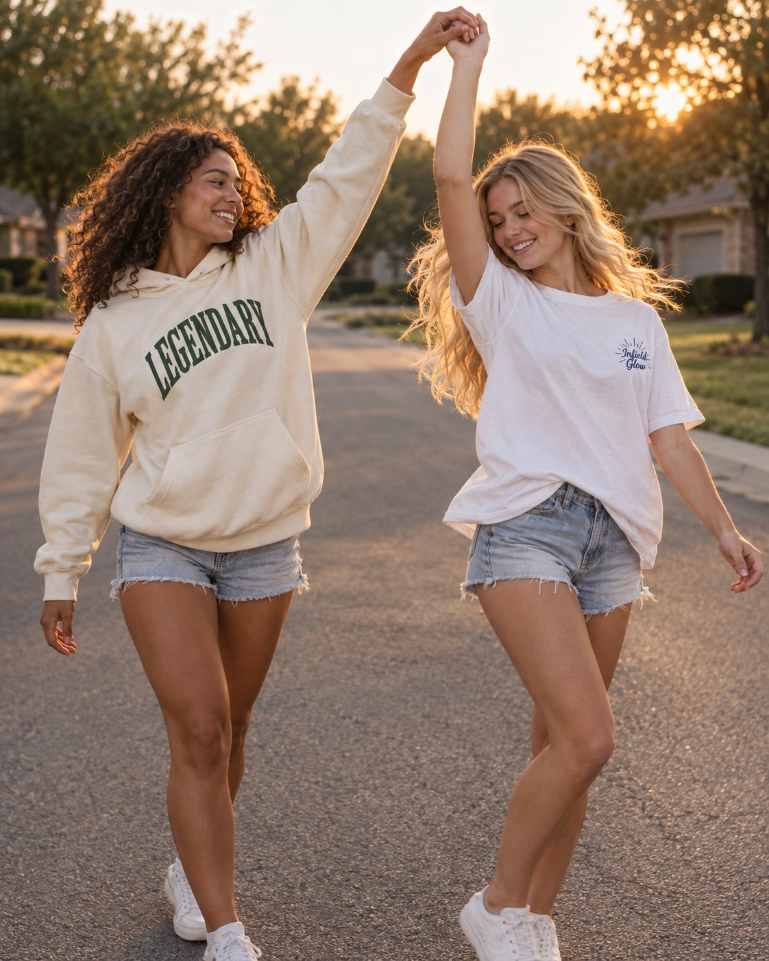 two friends dancing on a quiet street at golden hour, one spinning the other, motion in the fabric