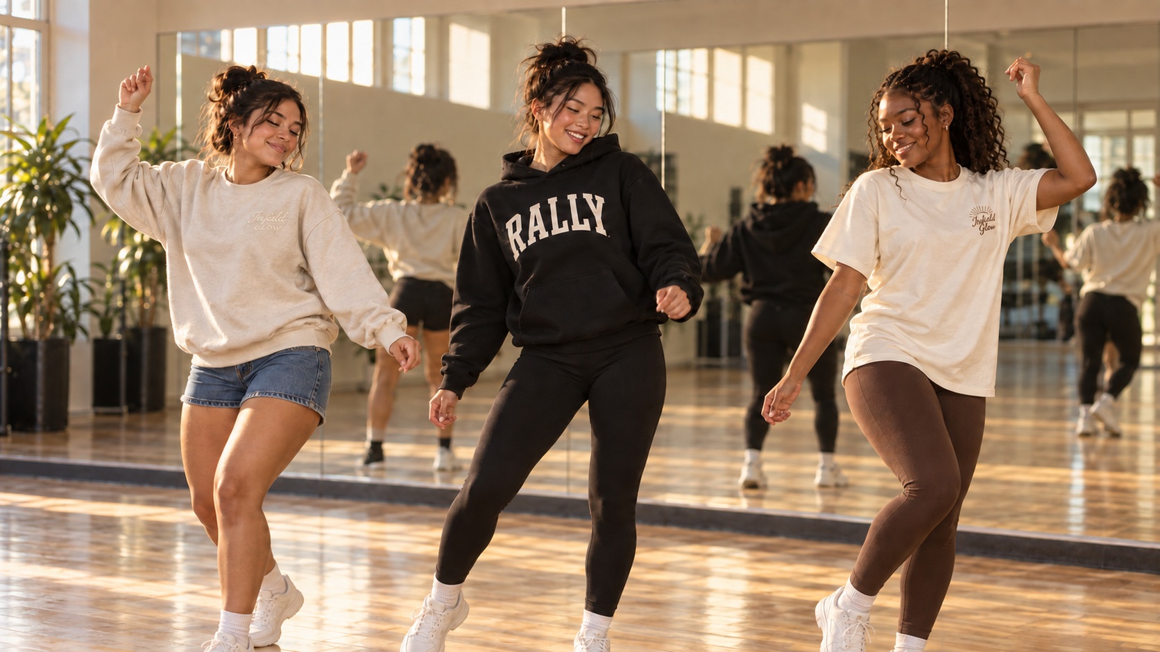 three friends in a dance studio in front of a mirrored wall mid-movement, warm afternoon light through high windows