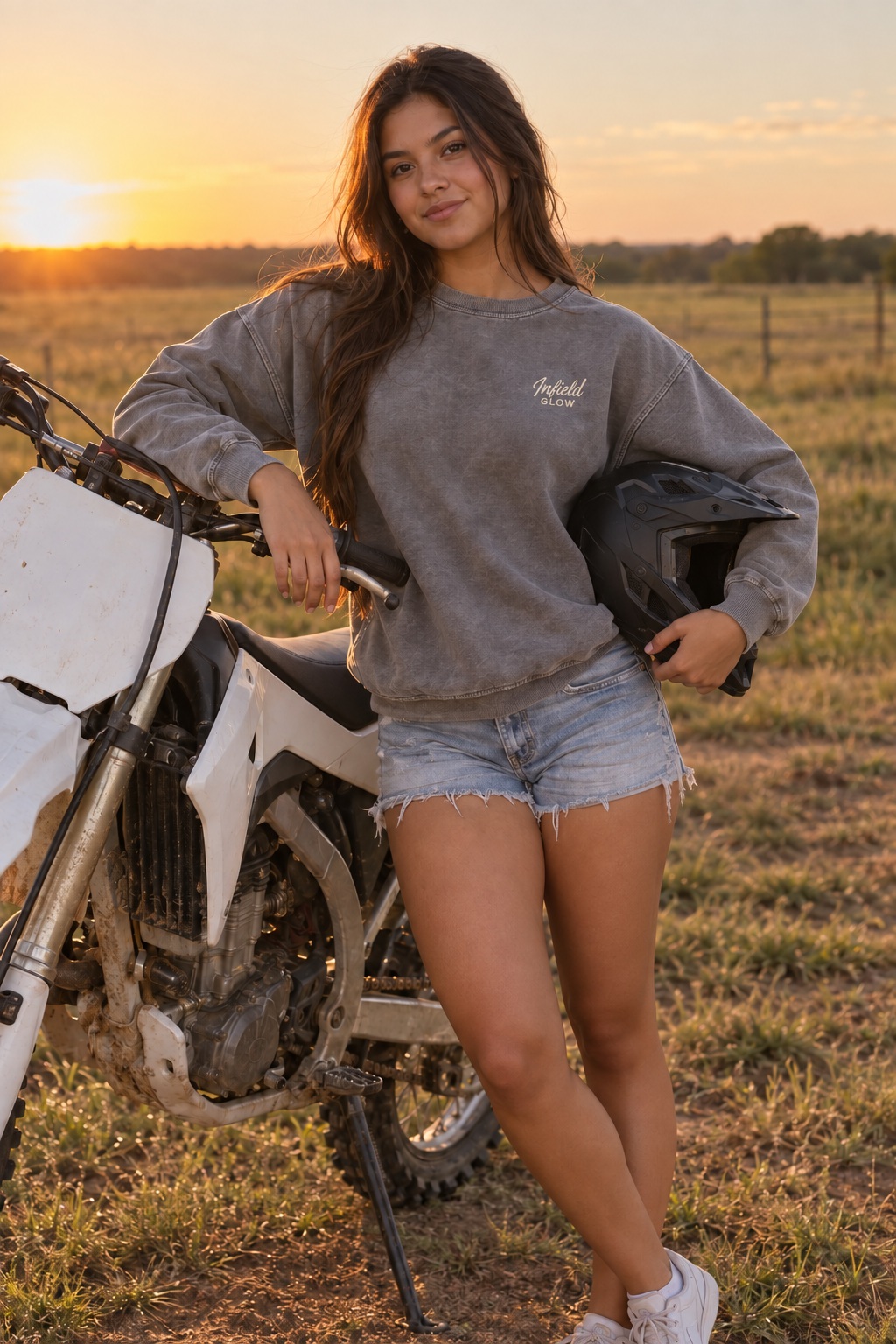 a girl leaning against a dirt bike at the edge of a field, helmet under one arm, warm low light