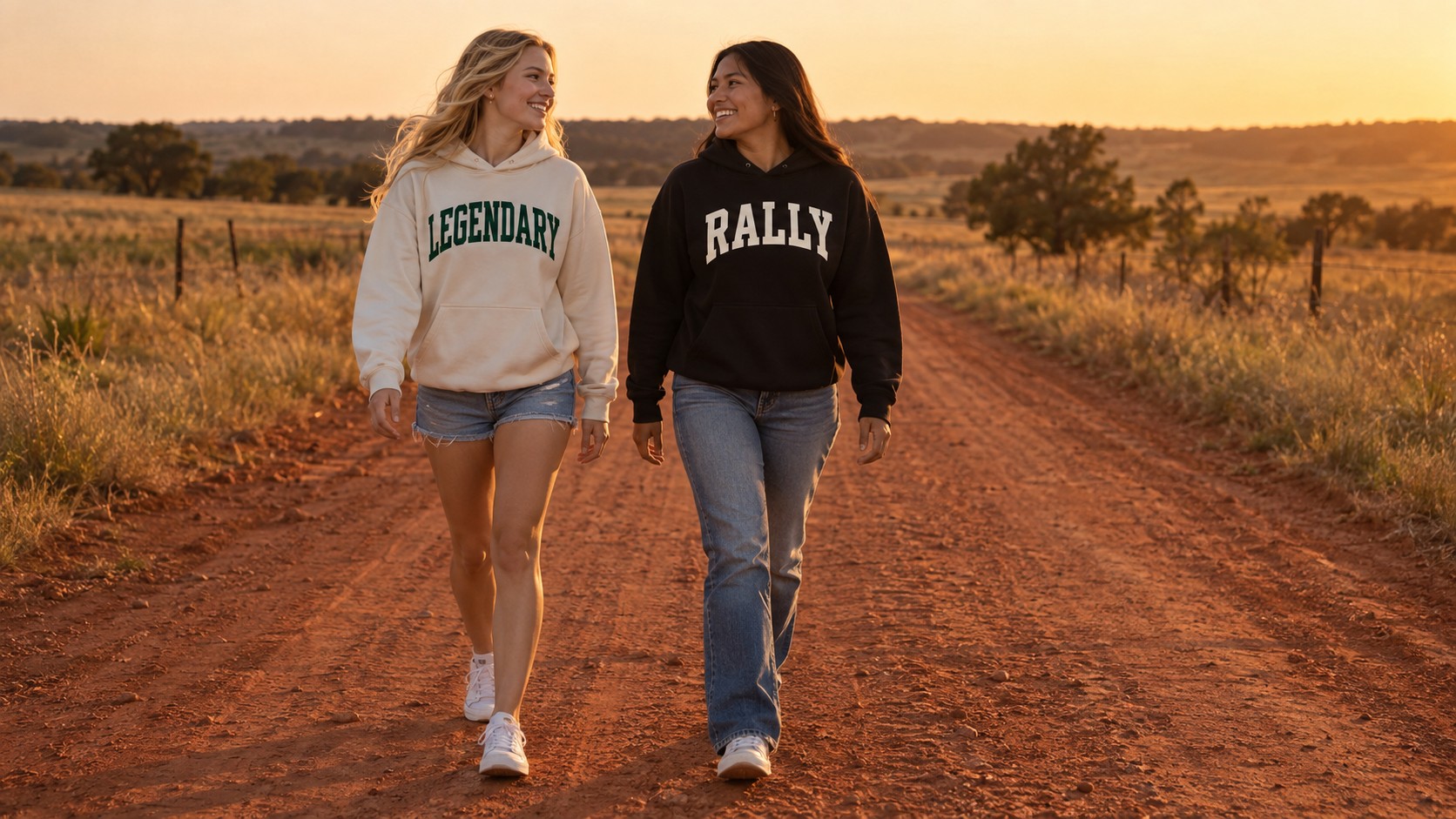 two friends walking a red dirt road at sunset with the sun low ahead of them, long shadows behind