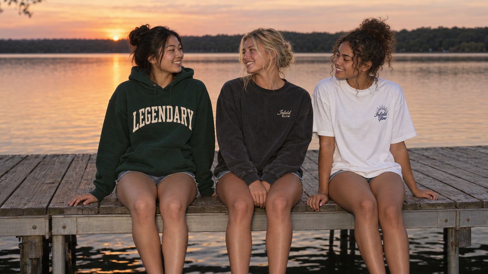 three friends sitting along the edge of a lake dock at dusk, legs hanging over the water, still lake behind them