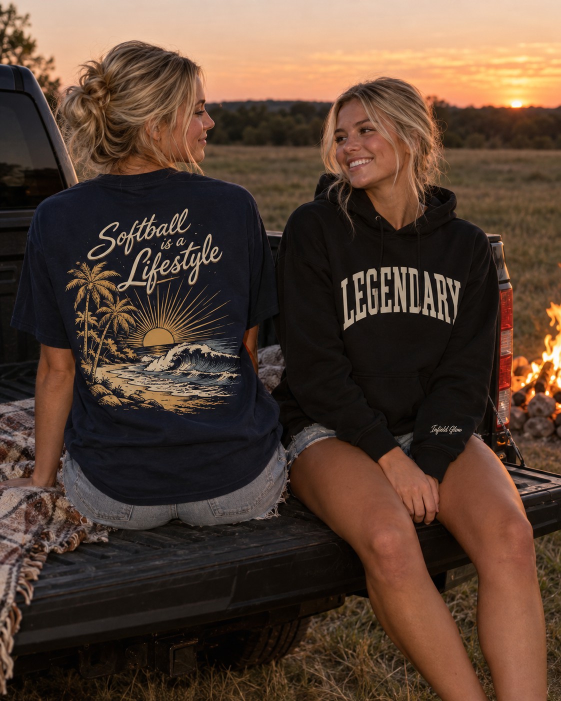 two friends sitting on a tailgate facing a fire in a field, backs half to camera, one back graphic reading clearly