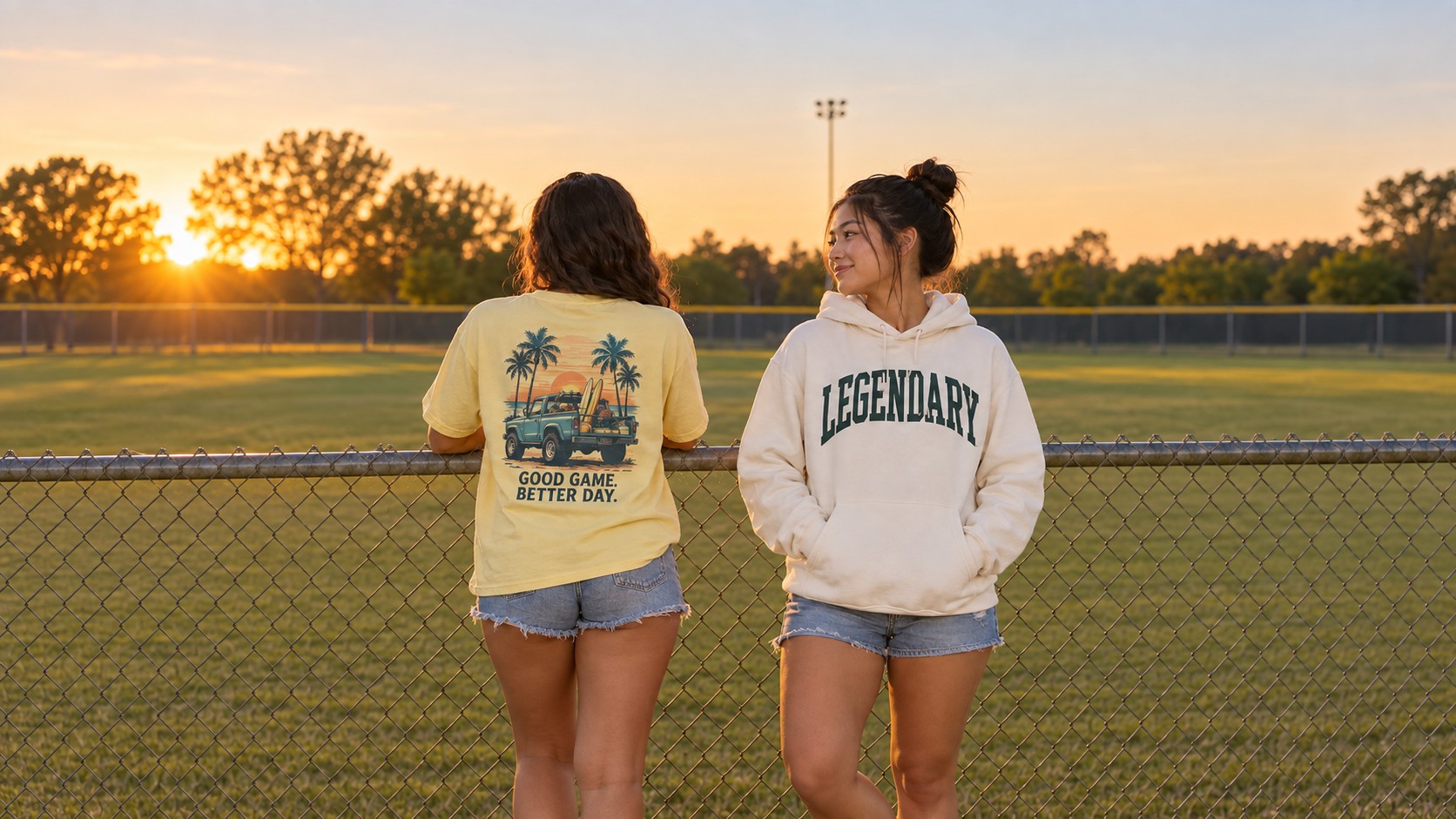 two friends standing side by side at the outfield fence looking out over the field, one with her back to camera so her back graphic reads, golden hour
