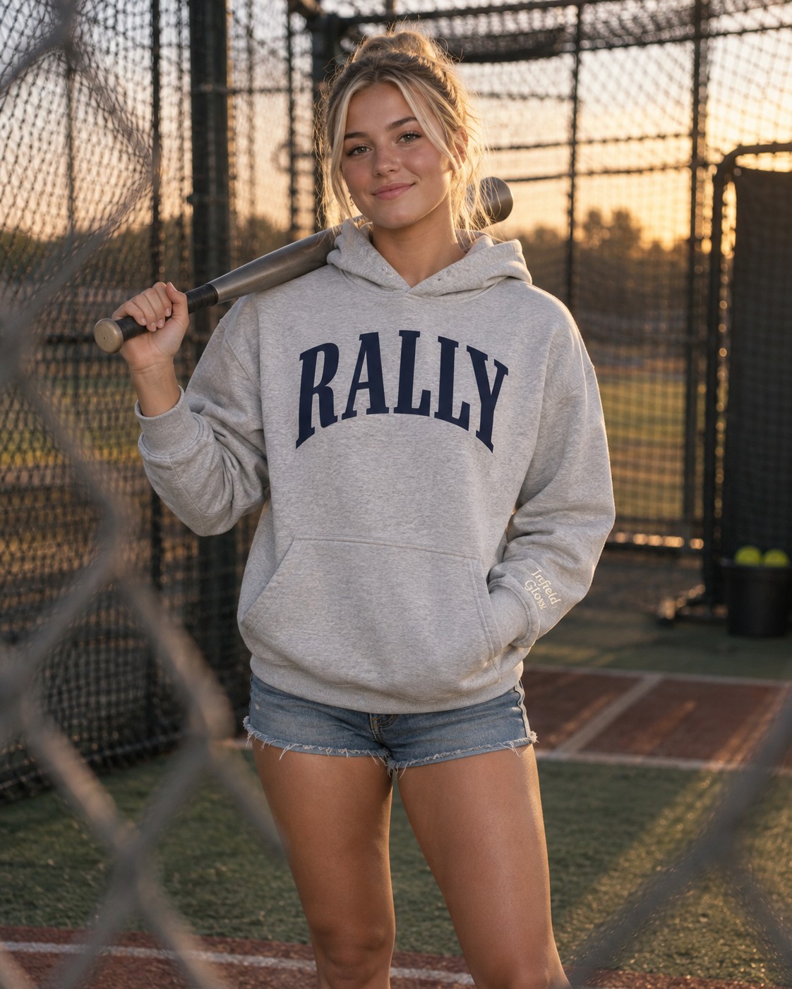 a player standing inside a batting cage with a bat resting over her shoulder, chain-link soft in front of the lens