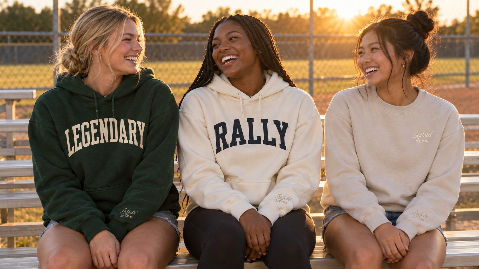 three softball teammates sitting along aluminium bleachers beside a field at golden hour, laughing together, warm low sun flaring behind them