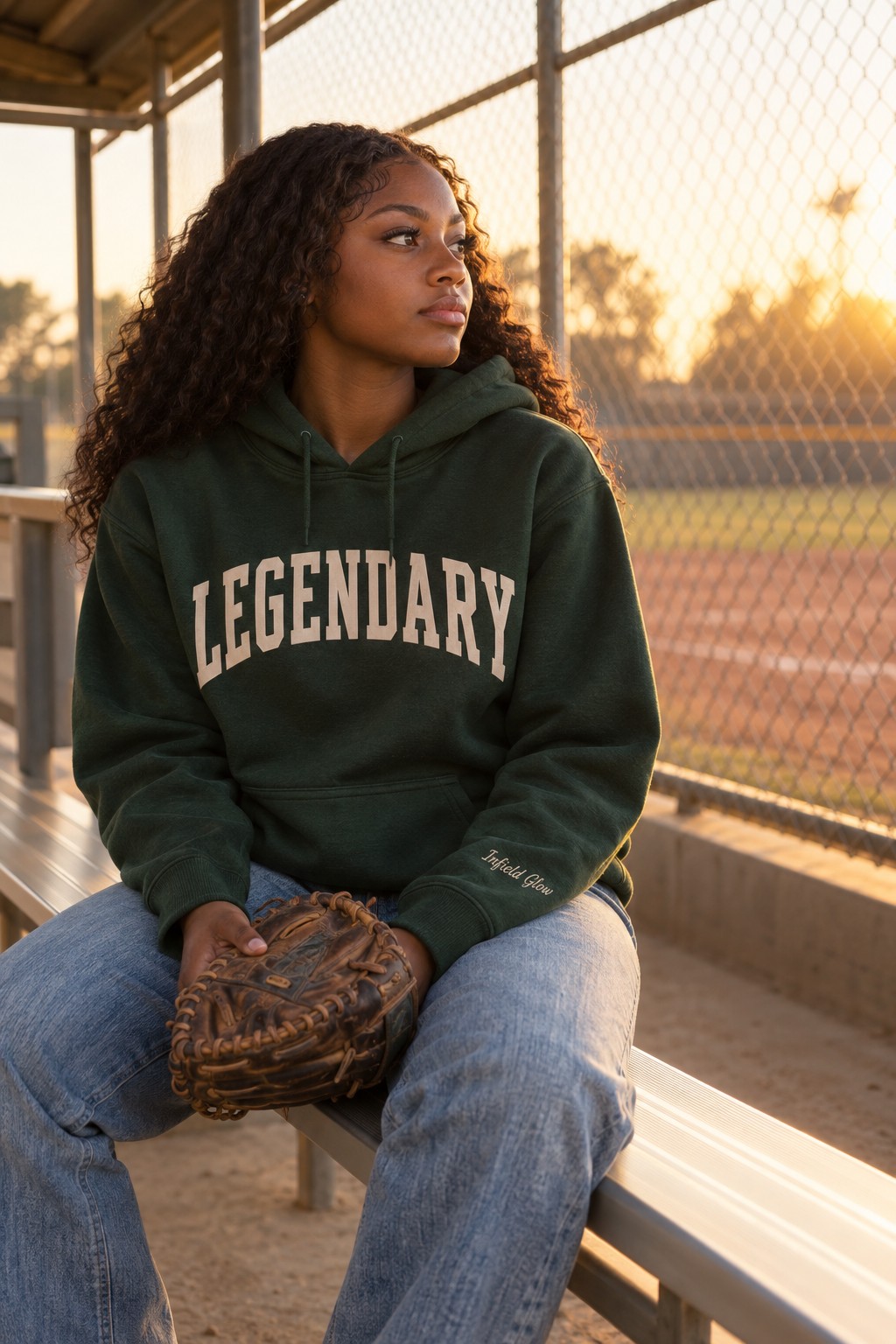 a single player sitting alone on the dugout bench looking out at the field, glove resting in her hands, quiet and contemplative, late light through the chain-link