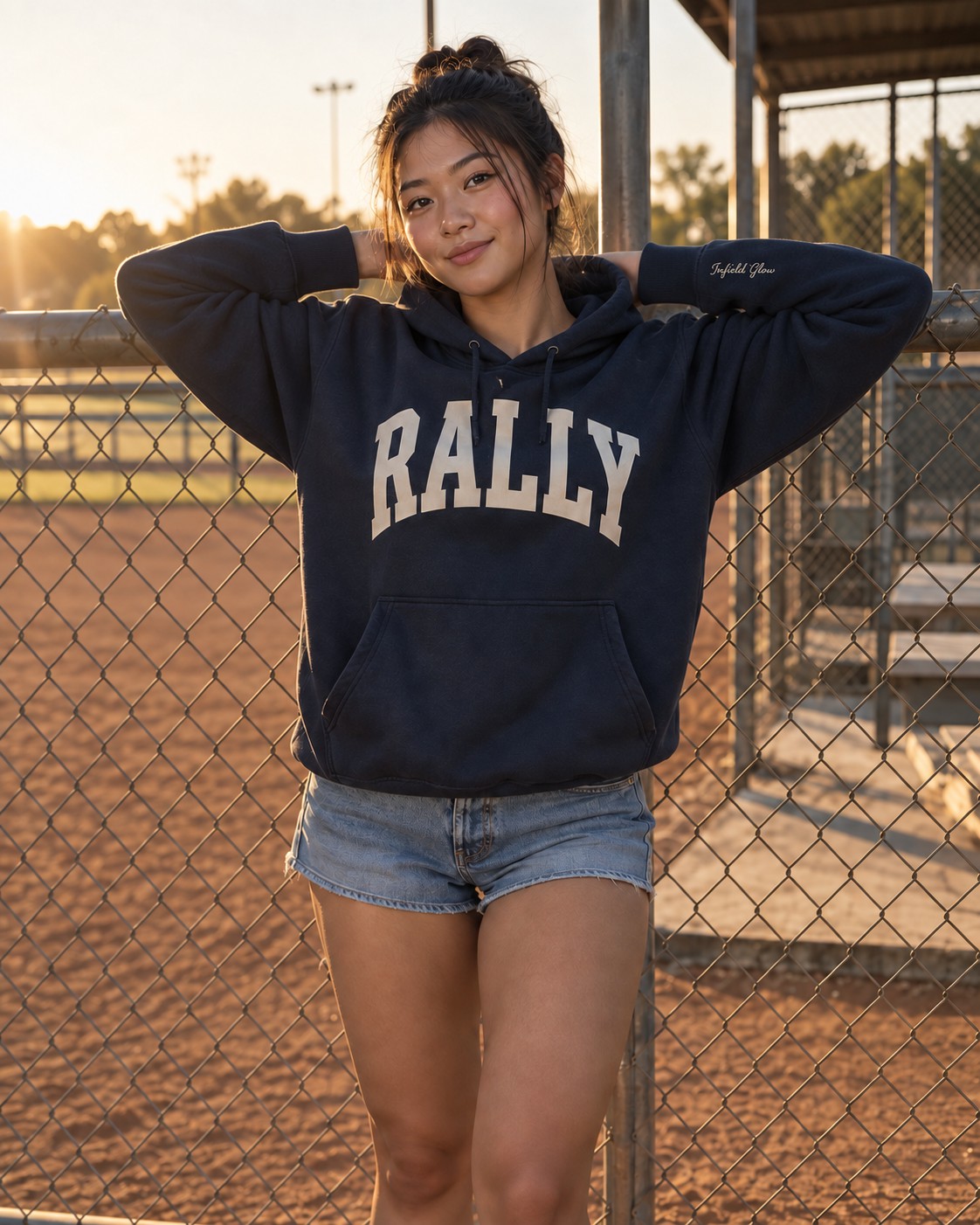 a player leaning back against the dugout fence with her arms up on the rail, relaxed and half-smiling, dust hanging in the low sun