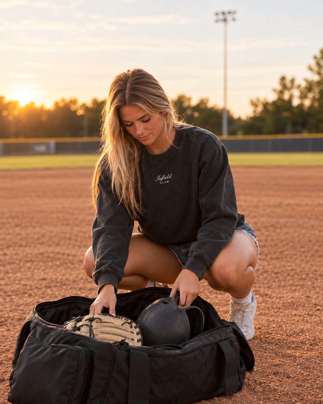 a player crouched over her gear bag on the dirt, sorting a glove and helmet, hair falling forward