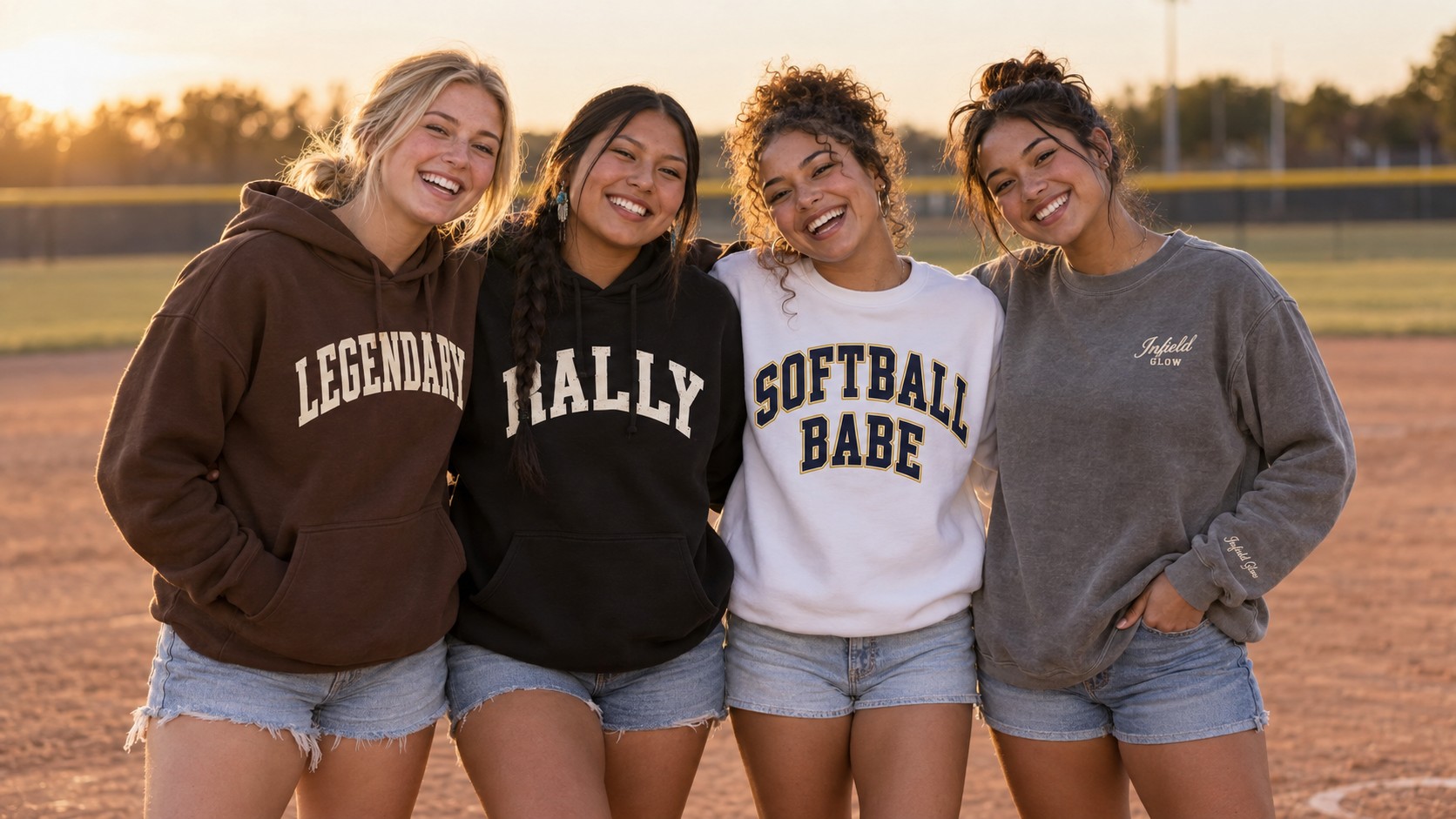 four teammates in a loose huddle on the infield dirt, arms across each other's shoulders, heads together, laughing