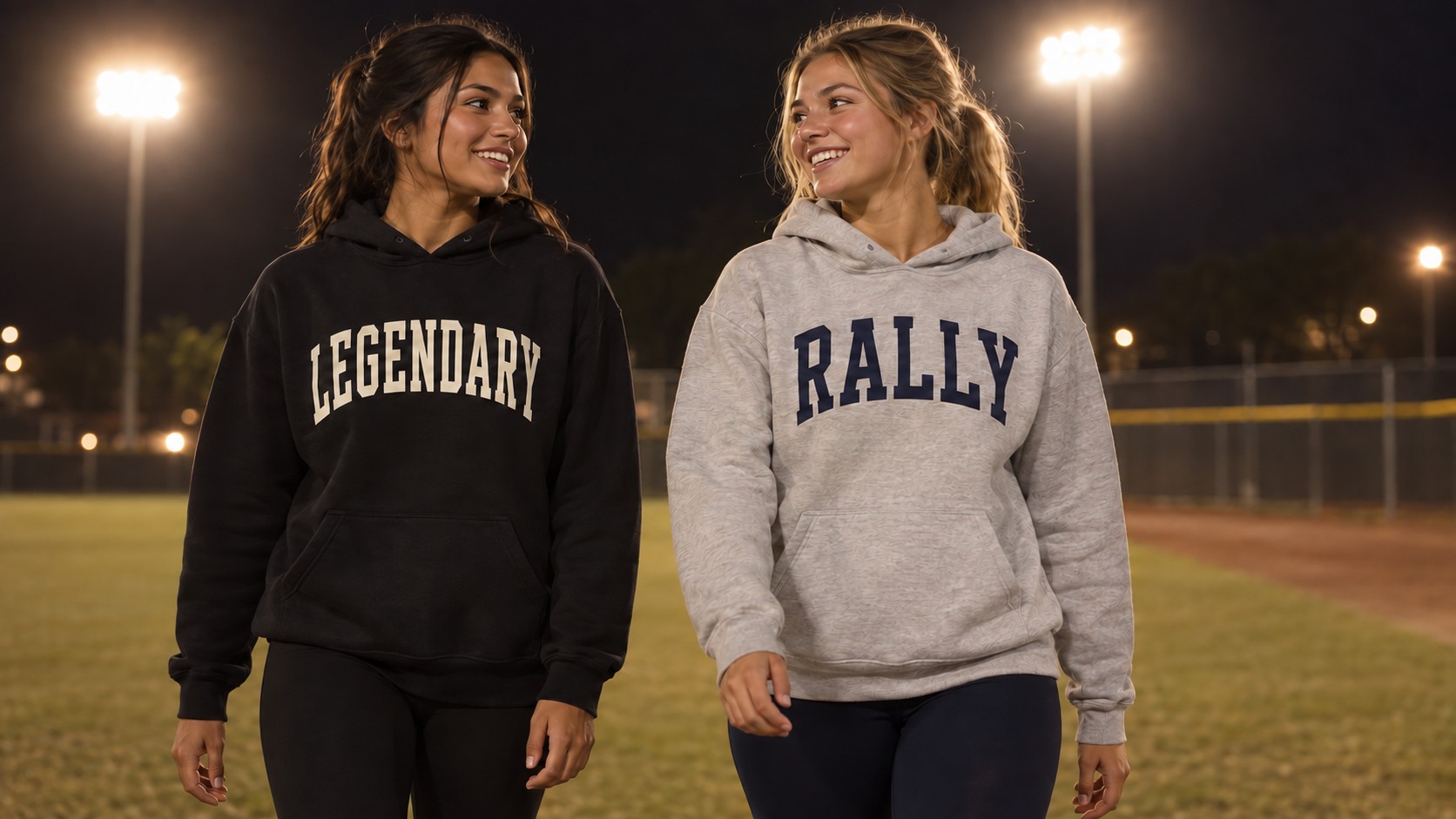 two teammates walking off a floodlit field at night, stadium lights flaring behind them