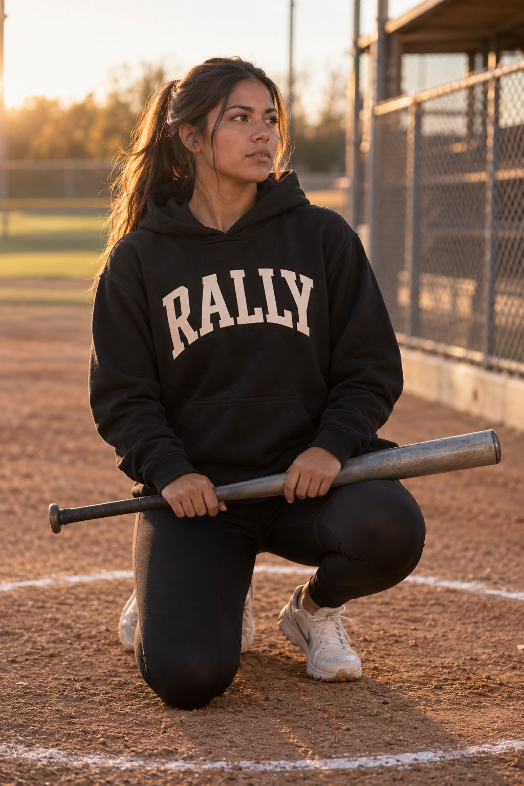 a batter kneeling in the on-deck circle with a bat across her knees, watching the plate, warm afternoon sun