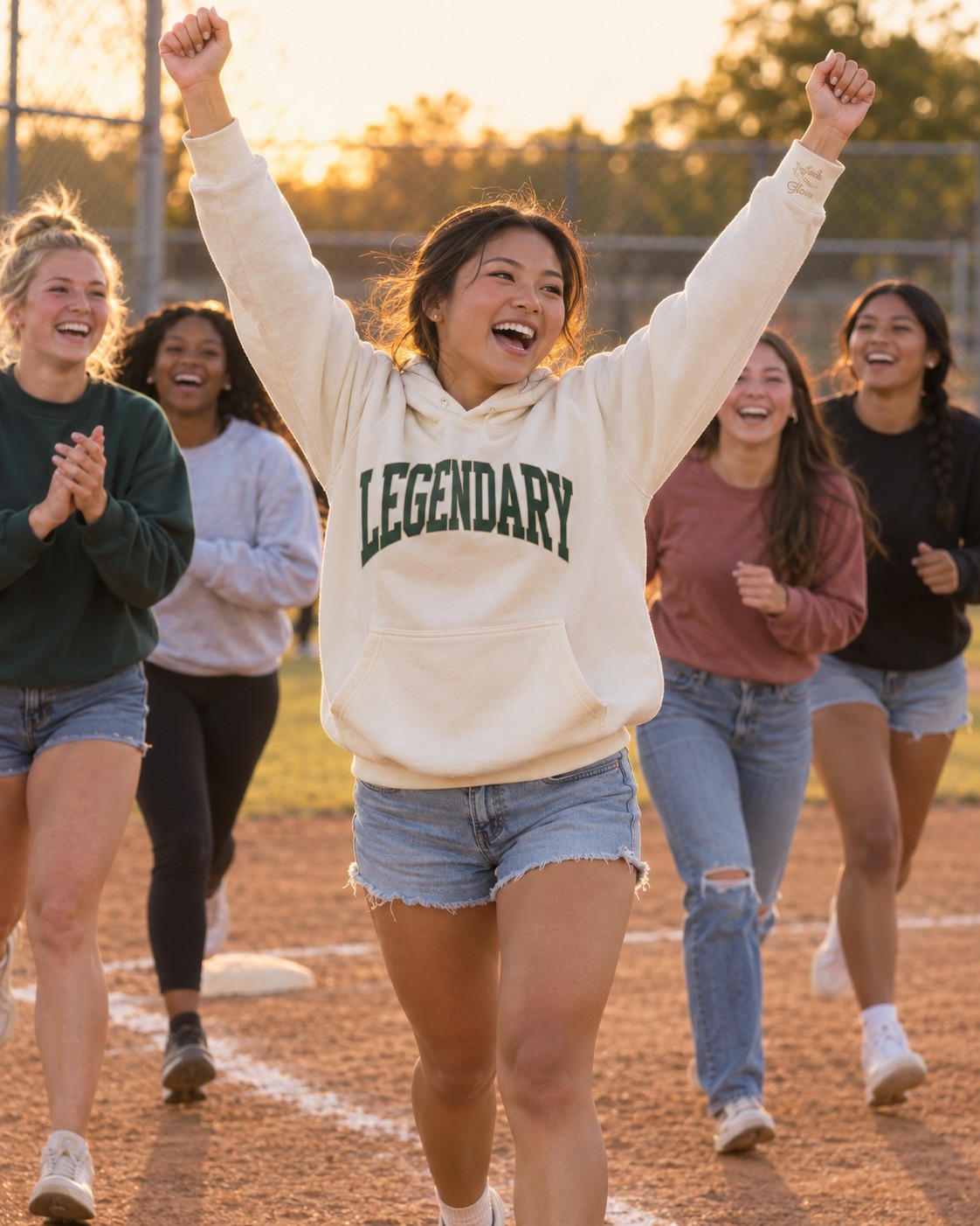 a player caught mid-celebration on the base path, both arms thrown up, teammates blurred behind her
