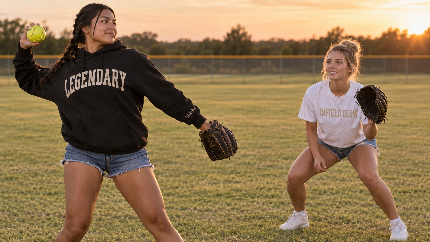 two teammates warming up, one mid-throw and one crouched ready, wide open outfield behind them, early evening light