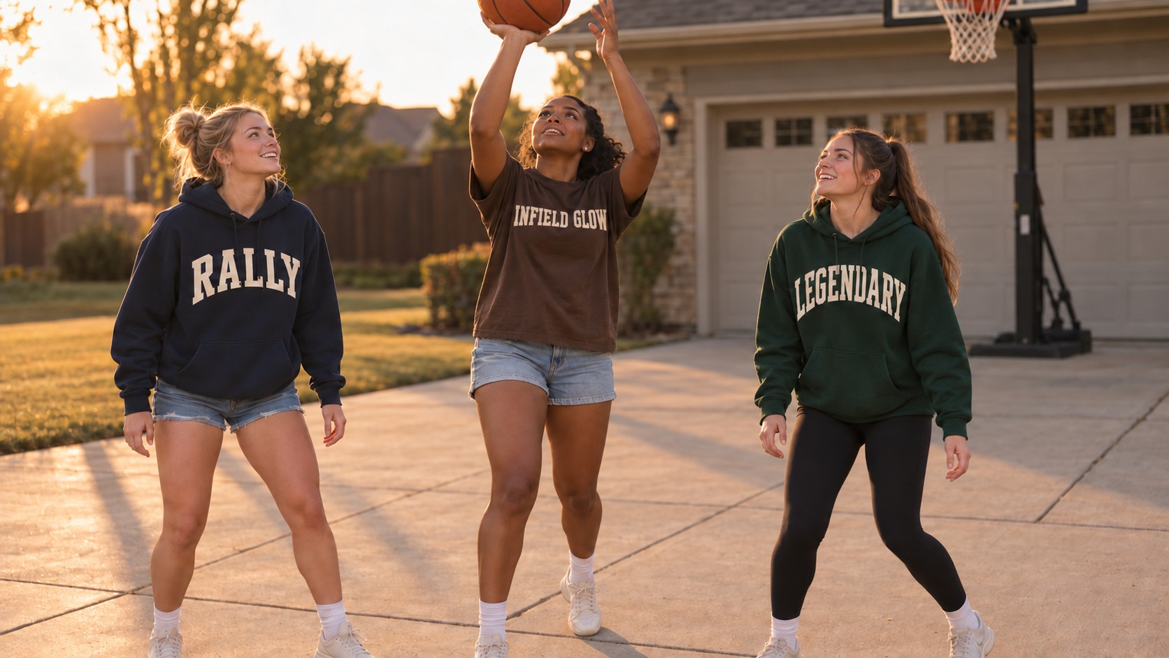 three friends shooting hoops on a driveway at golden hour, one mid-shot, long shadows on the concrete