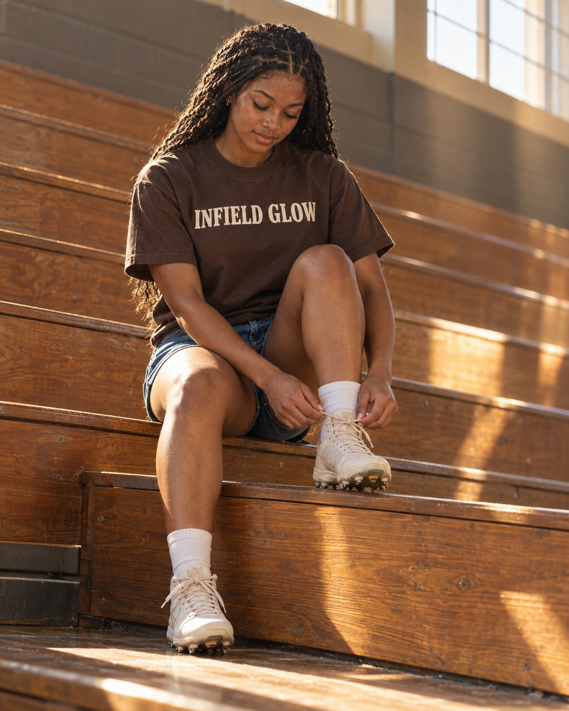 a girl sitting alone high on wooden gym bleachers lacing a cleat, shafts of light from high windows