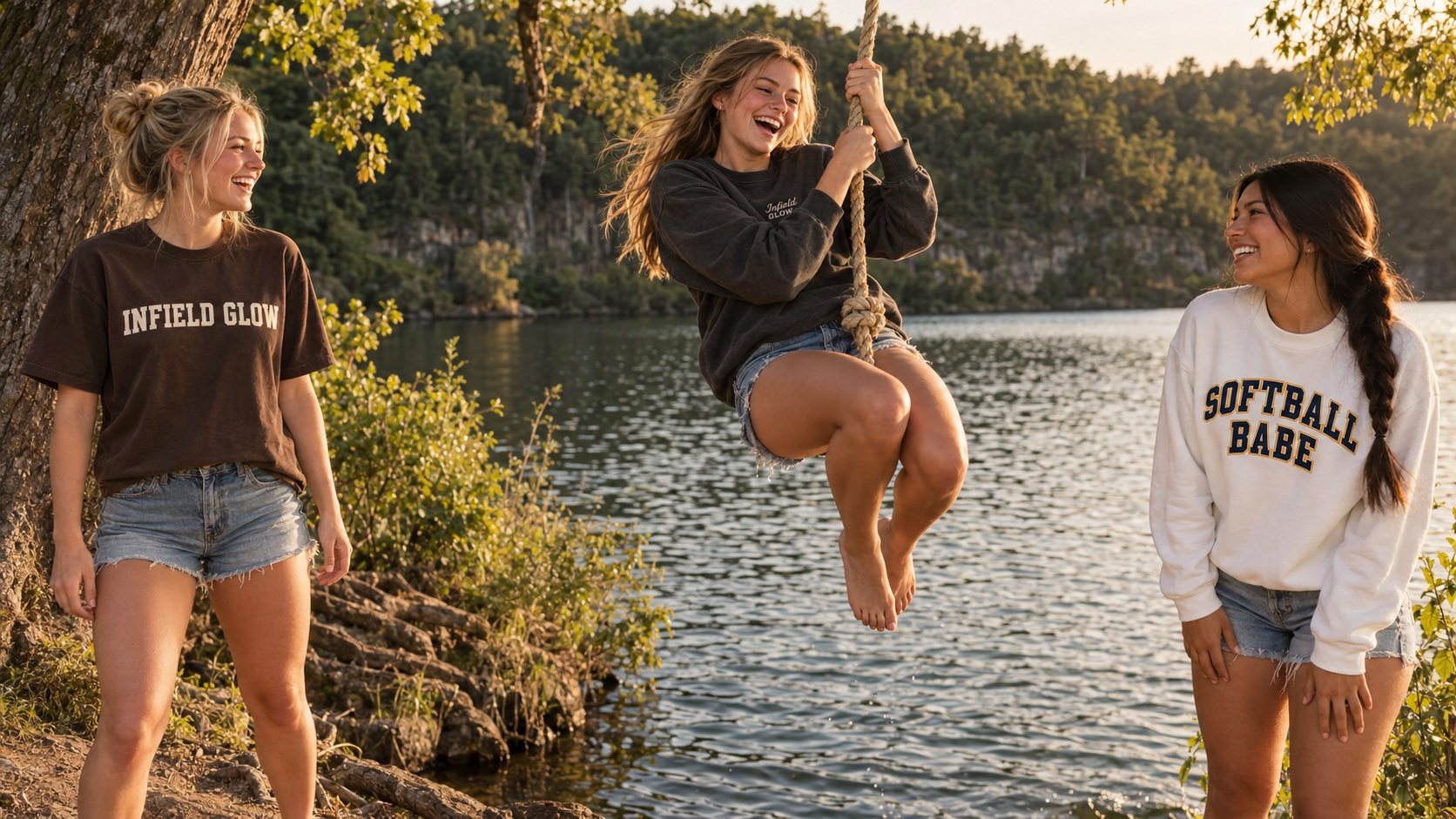 three friends at a lake rope swing, one mid-air over the water and two watching from the bank, summer green