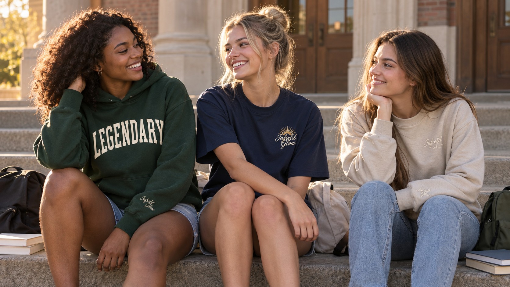 three friends sitting on wide stone steps outside a school building, books and bags around them, afternoon sun