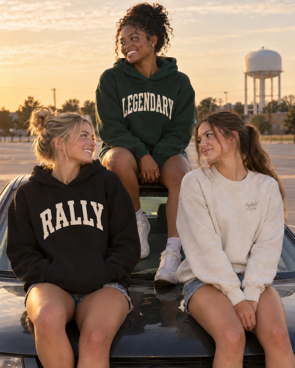 three friends sitting on the bonnet and roof of a parked car in an empty lot after a game, late golden light