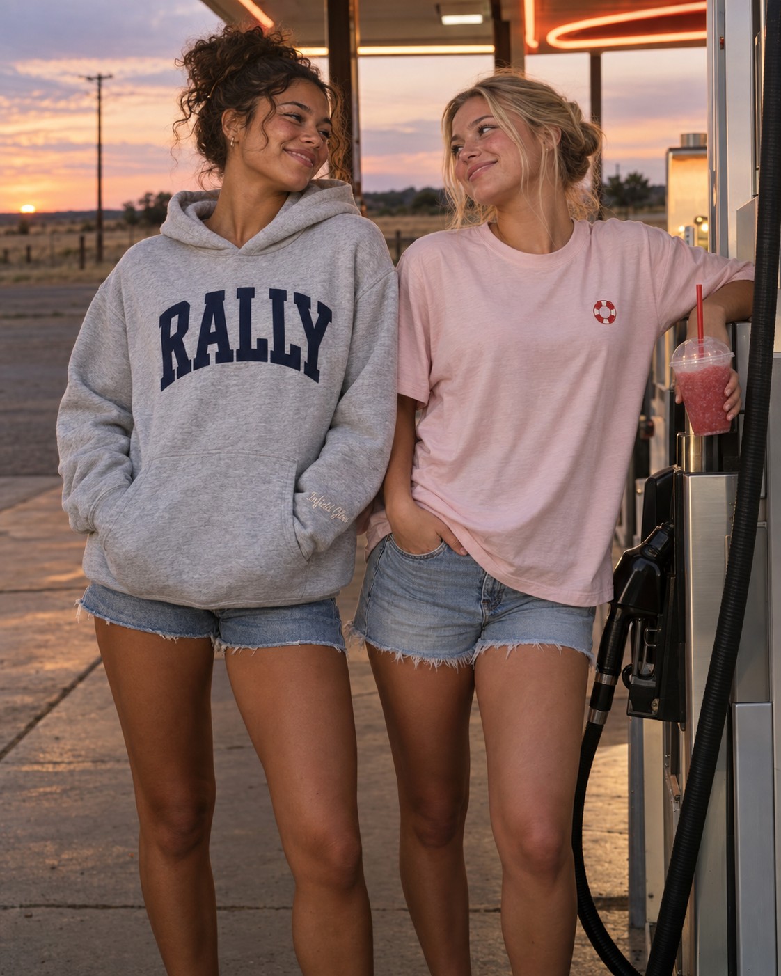 two friends at a rural gas station at dusk, one leaning on the pump with a slushie, neon sign warm behind them