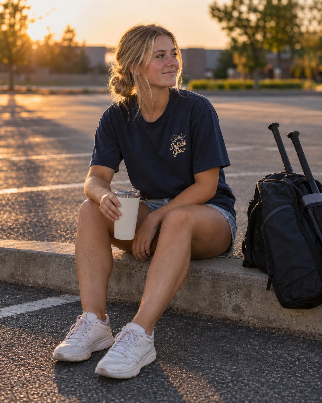 a girl sitting on a kerb in a car park with a drink, bat bag beside her, long shadows across the asphalt