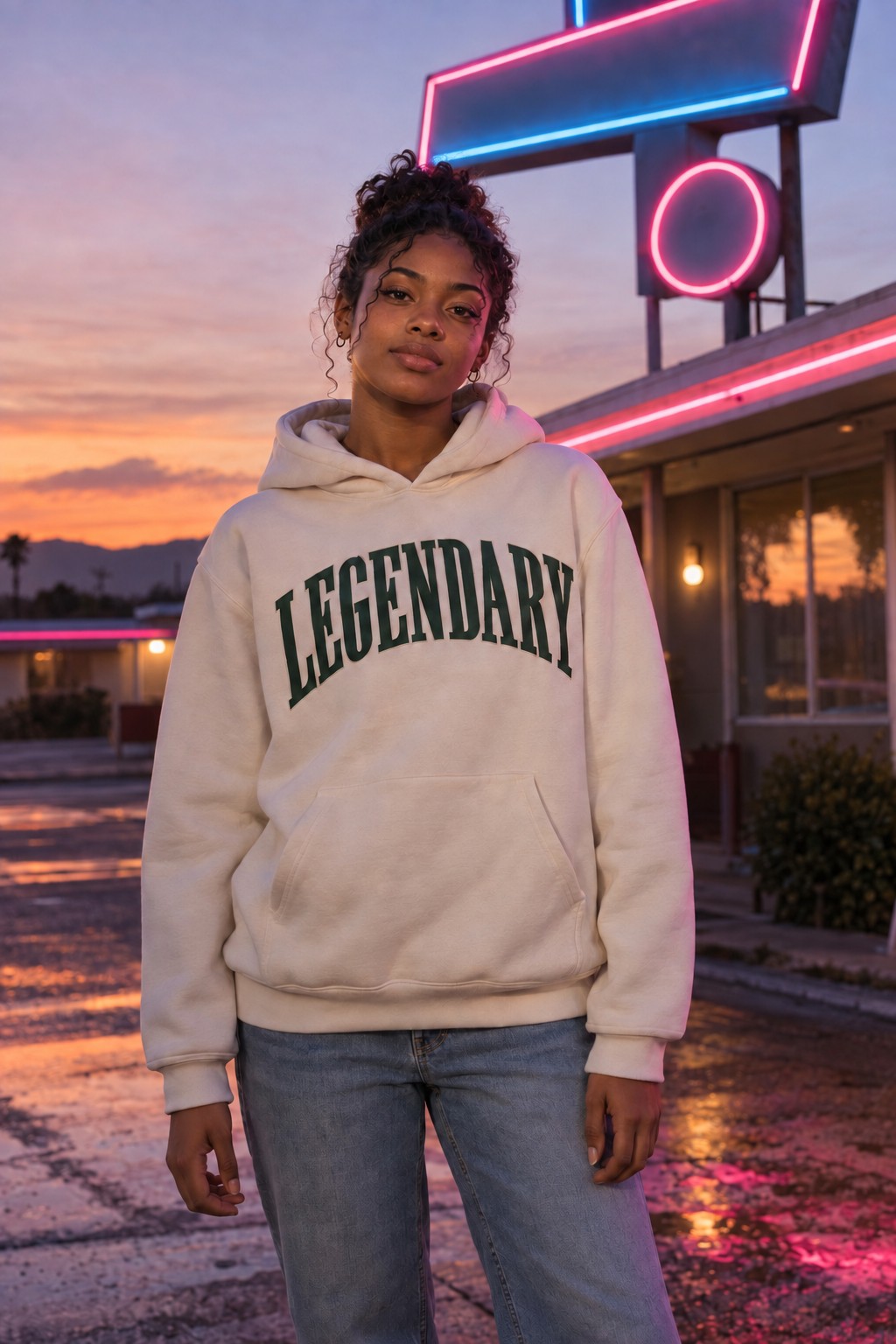 a girl standing under a vintage motel neon sign at dusk, warm pink and blue light on her face
