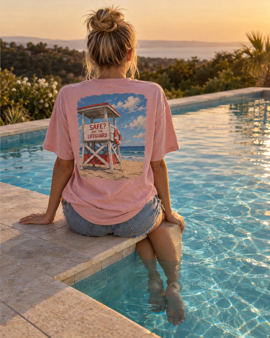 a girl sitting on the pool edge with her feet in the water, seen from behind so the back graphic reads, warm evening light