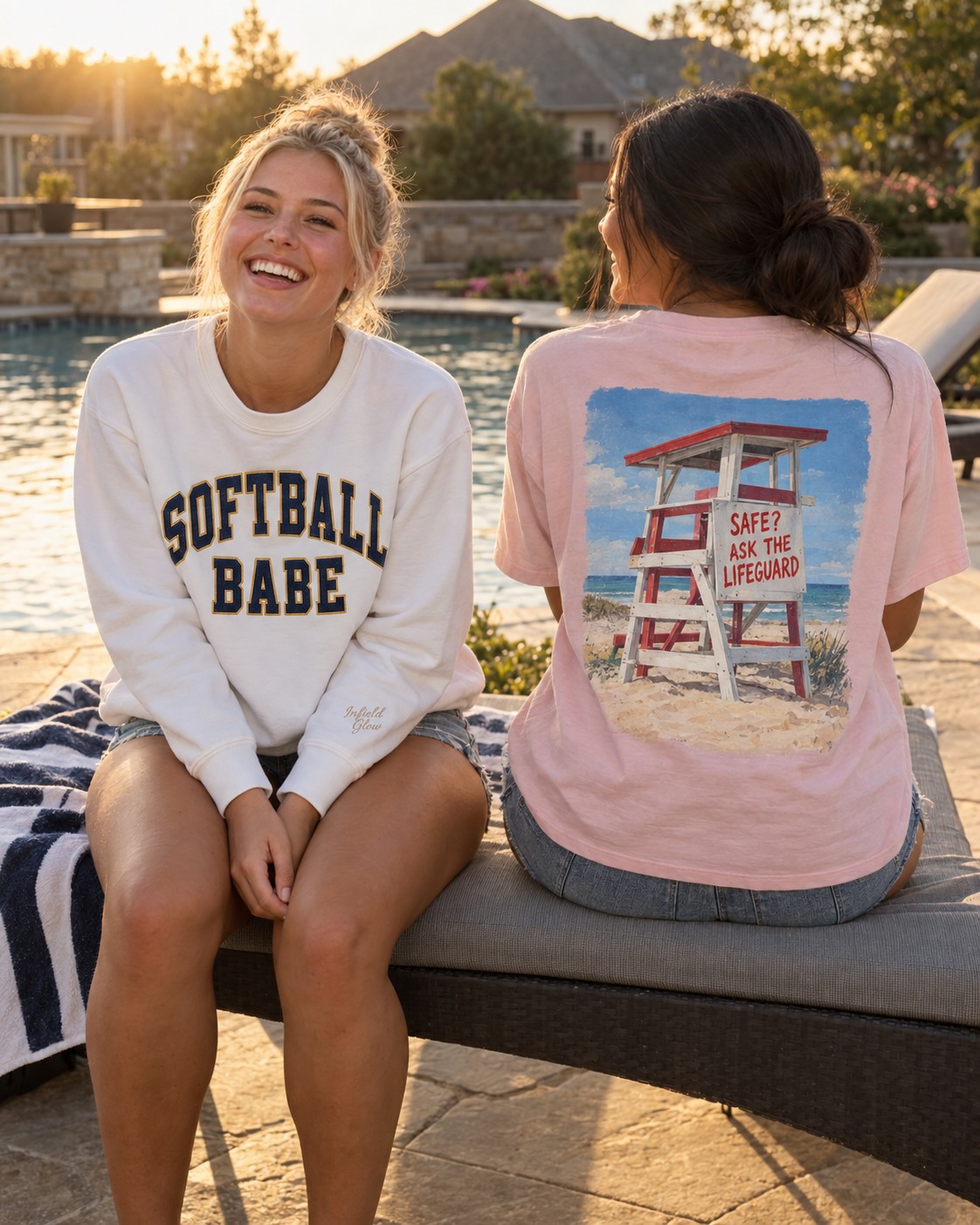 two friends sitting on the edge of a sun-lounger beside a suburban swimming pool late in the afternoon, towels nearby, laughing