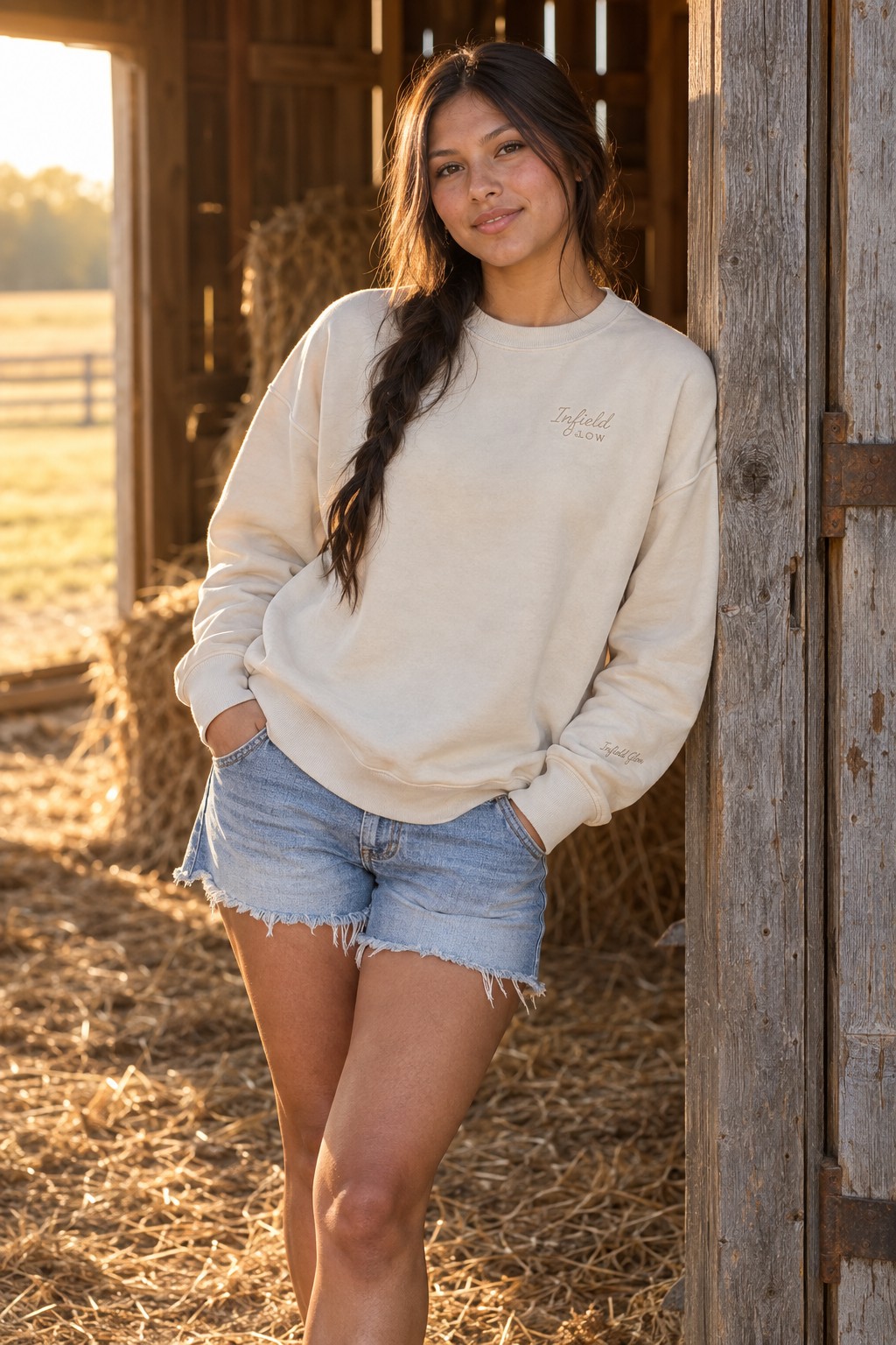 a girl leaning in an open barn doorway, strong side light, straw and weathered timber behind her