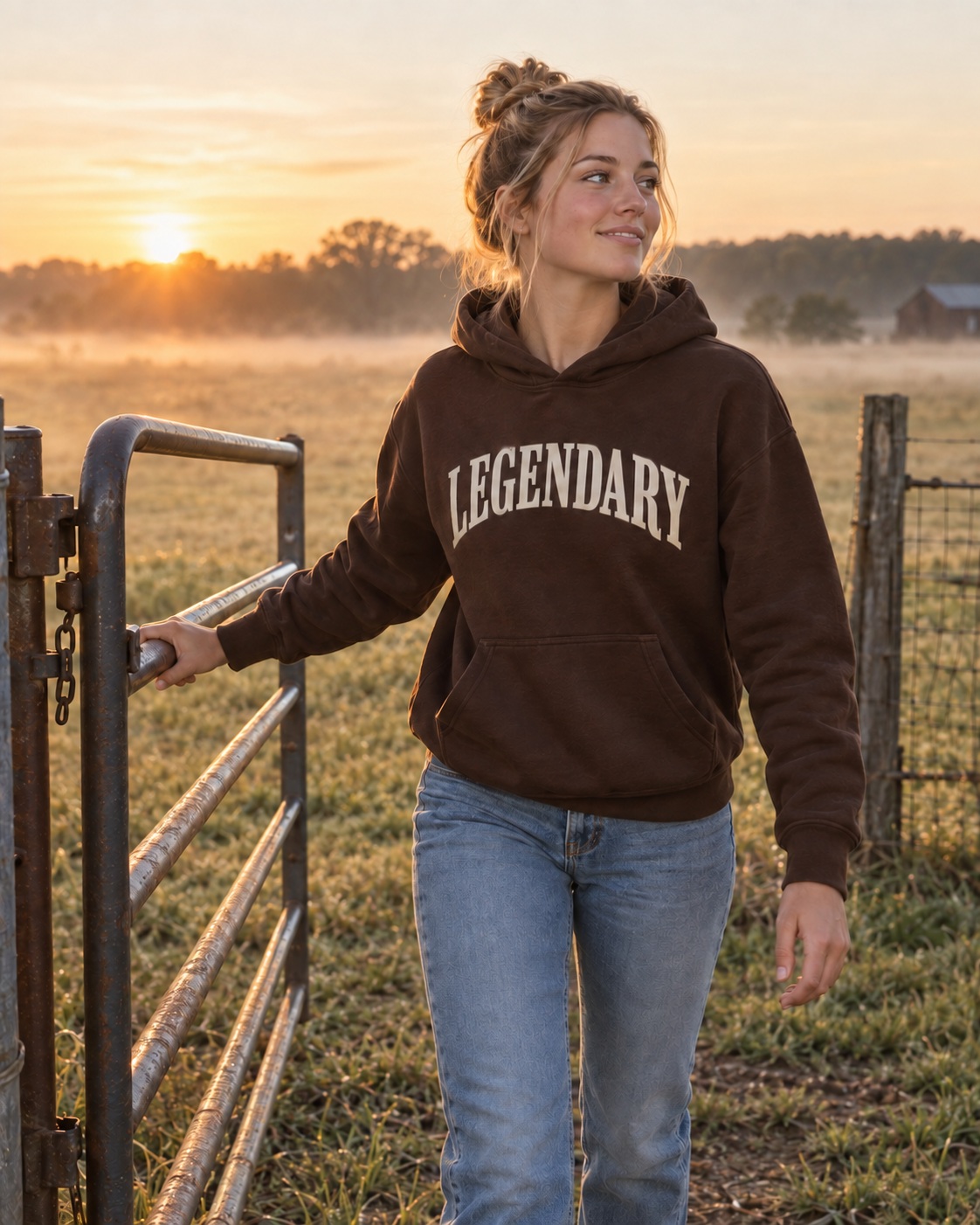 a girl swinging a metal pasture gate open at dawn, mist low across the field behind her