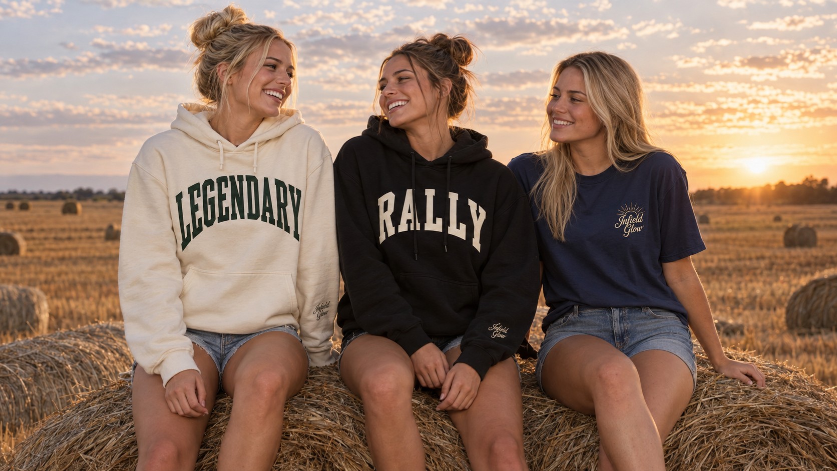 three friends sitting on round hay bales in a cut field at golden hour, big sky above them