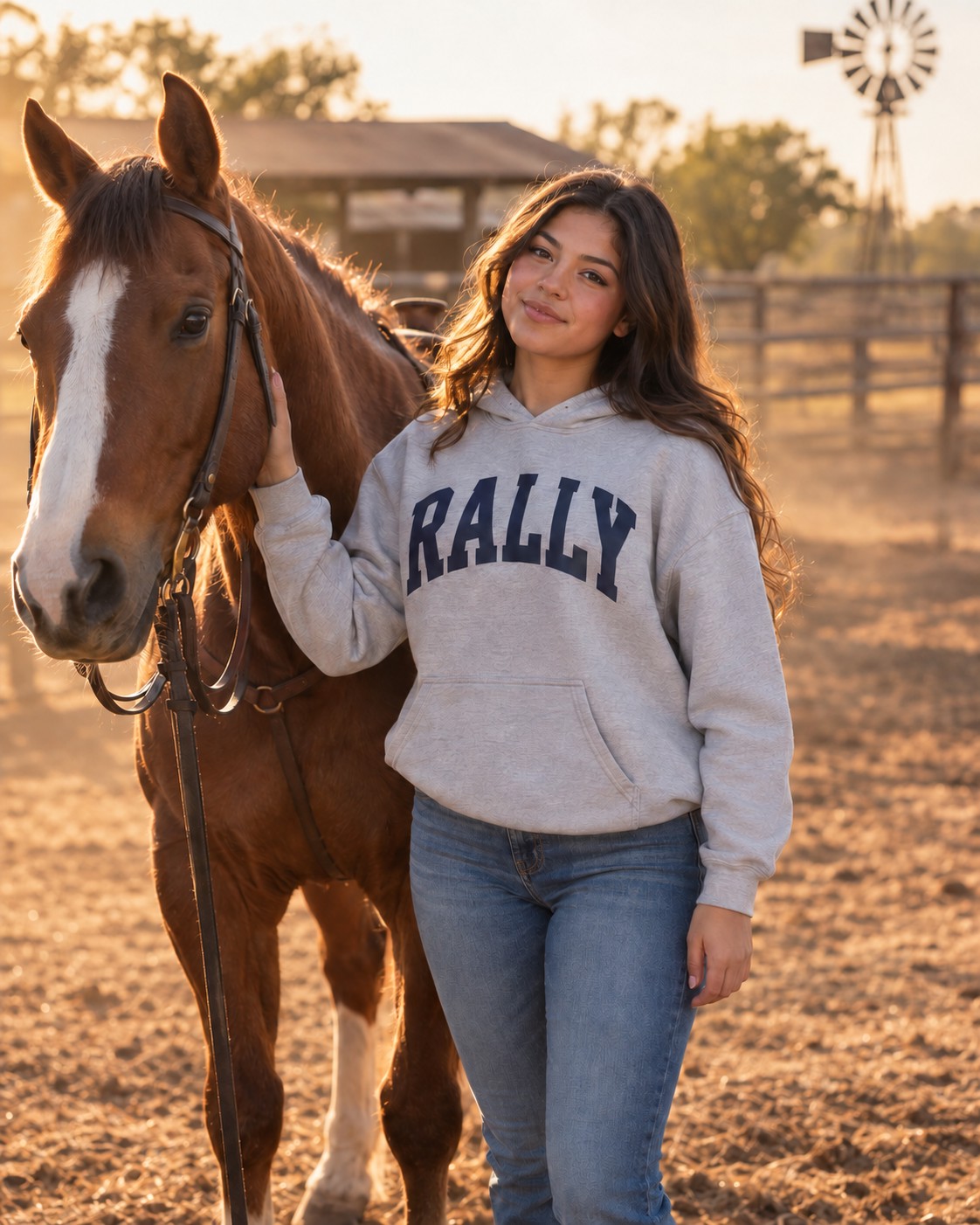 a girl standing beside a horse with one hand on its neck, warm late light, dust in the air