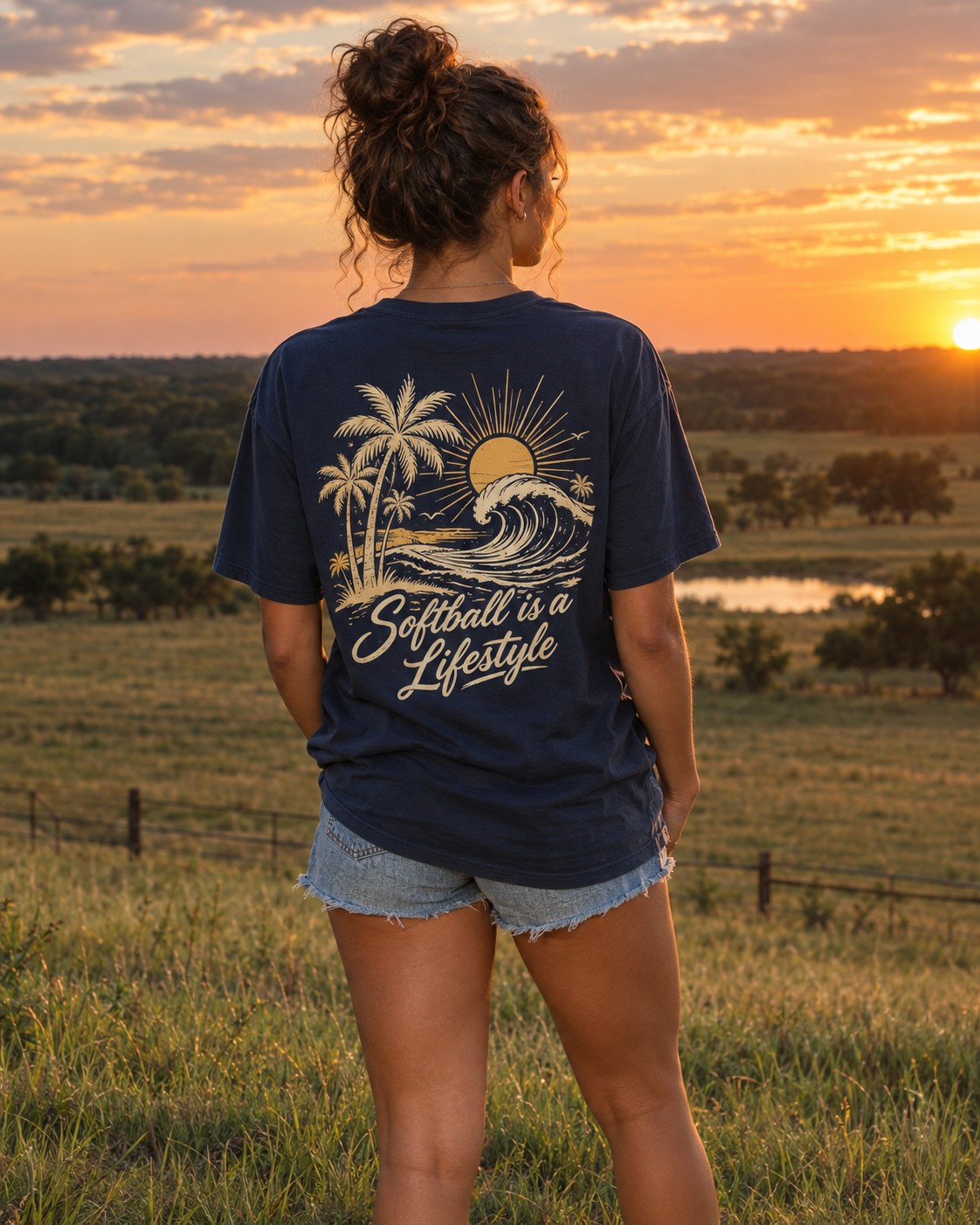 a girl standing on a rise looking out over pasture at sunset, back to camera so the back graphic reads clearly
