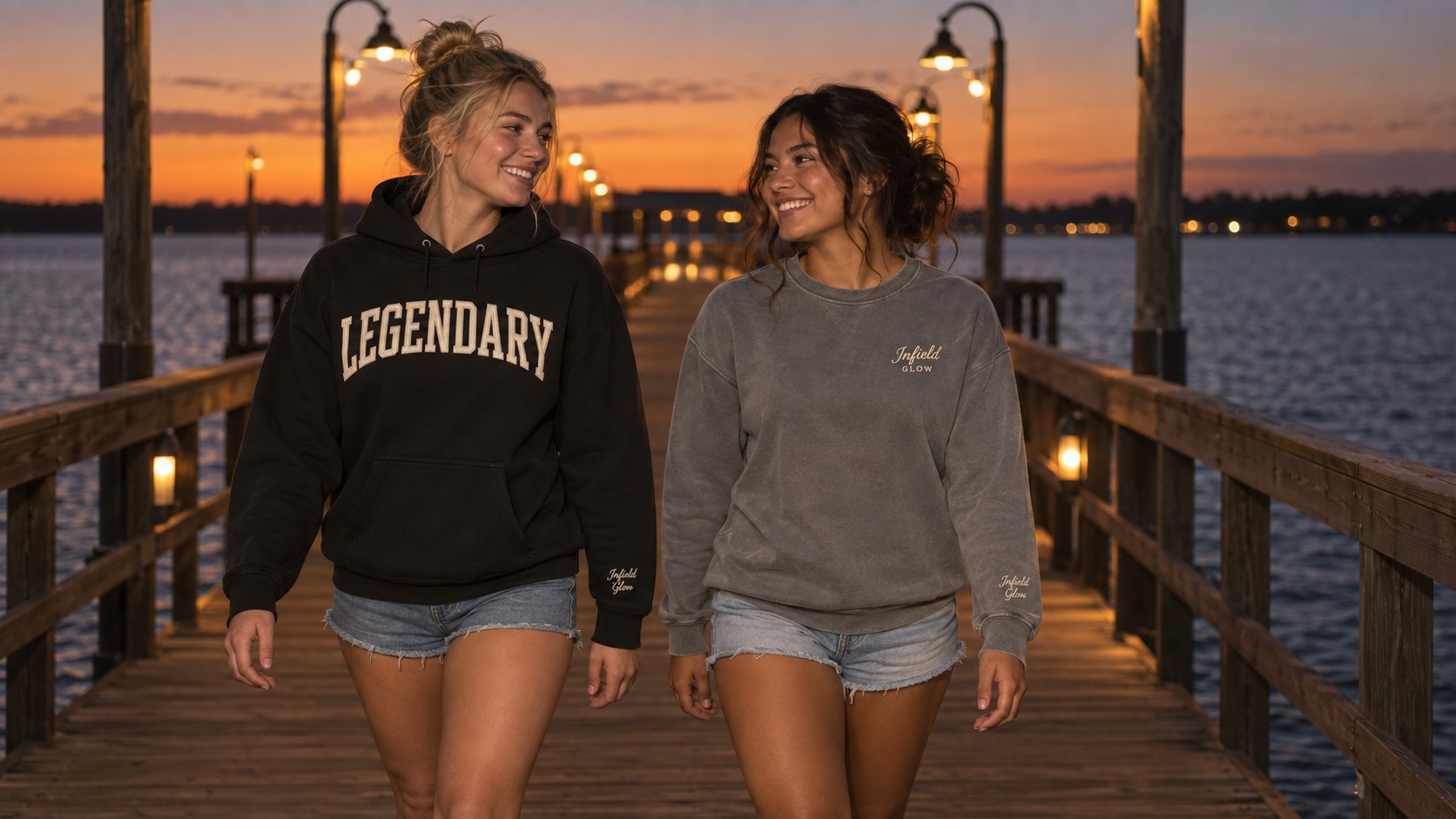 two friends walking out along a pier at dusk, lights coming on above them, water dark below