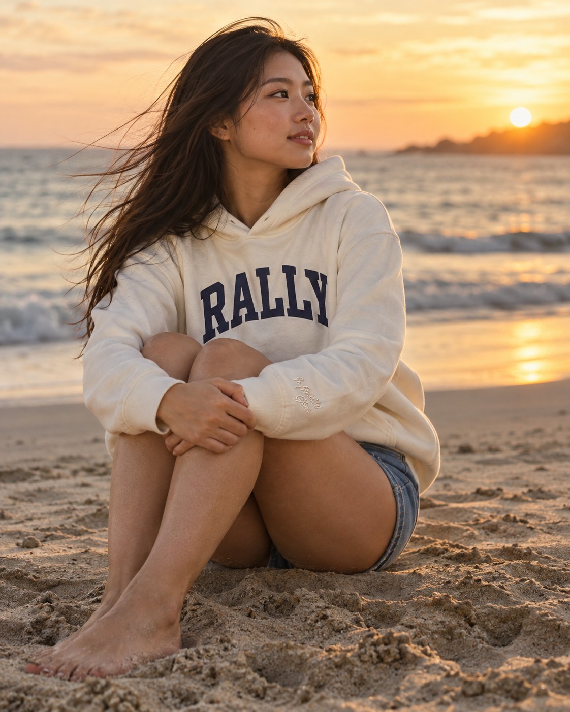 a girl sitting on the sand hugging her knees looking out to sea, hair moving in the wind