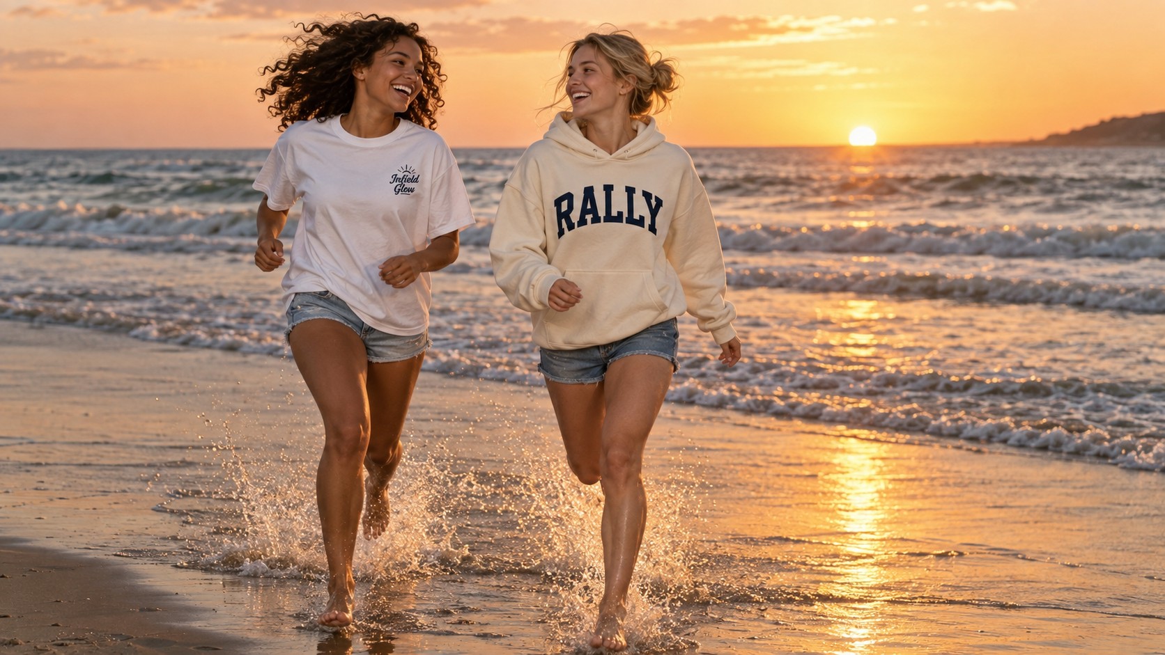 two friends running along wet sand at sunset, laughing, spray kicking up behind them