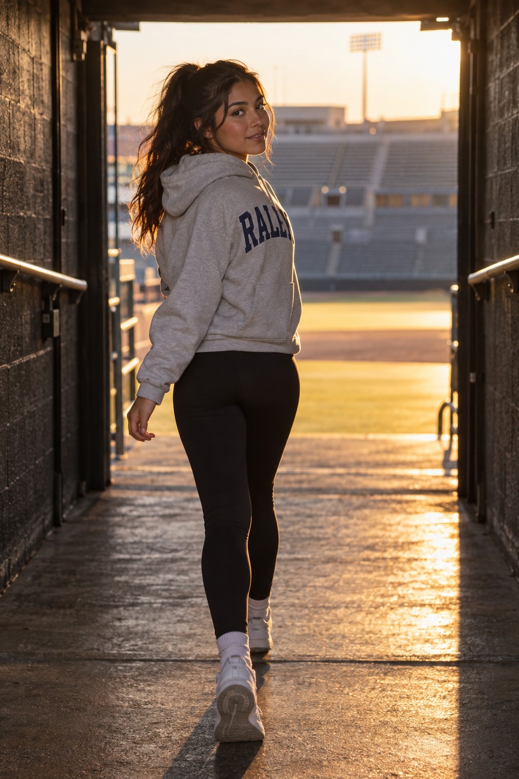 a player walking out of a dark stadium tunnel toward bright daylight, seen from behind, silhouette edge-lit