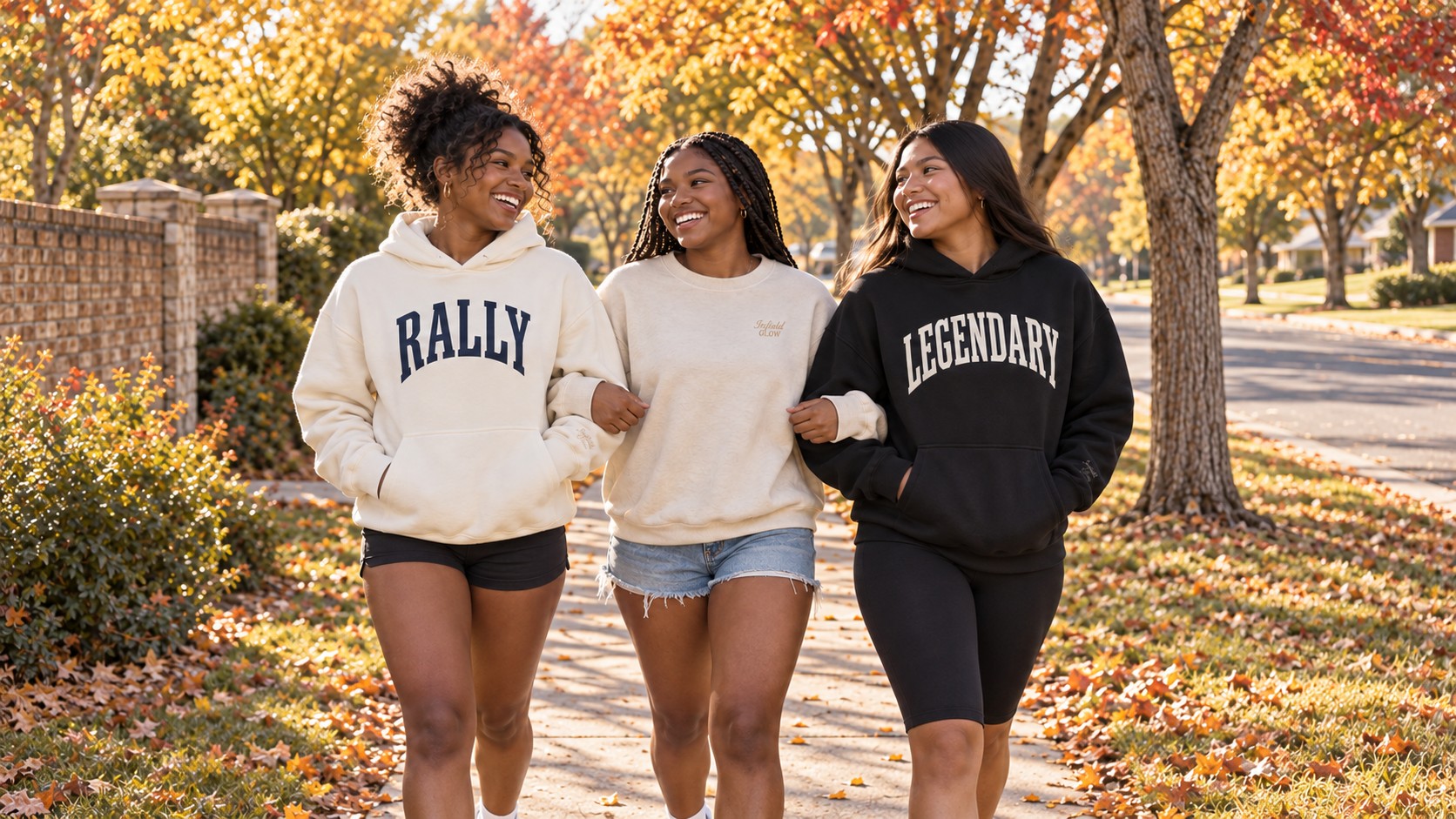 three friends walking a tree-lined suburban sidewalk on a bright autumn morning, arms linked, laughing