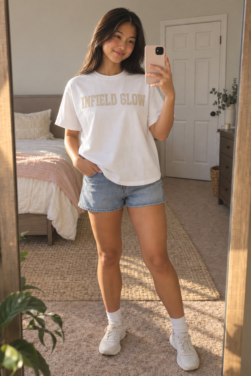 a girl filming an outfit video in a full-length bedroom mirror, phone in hand, soft daylight