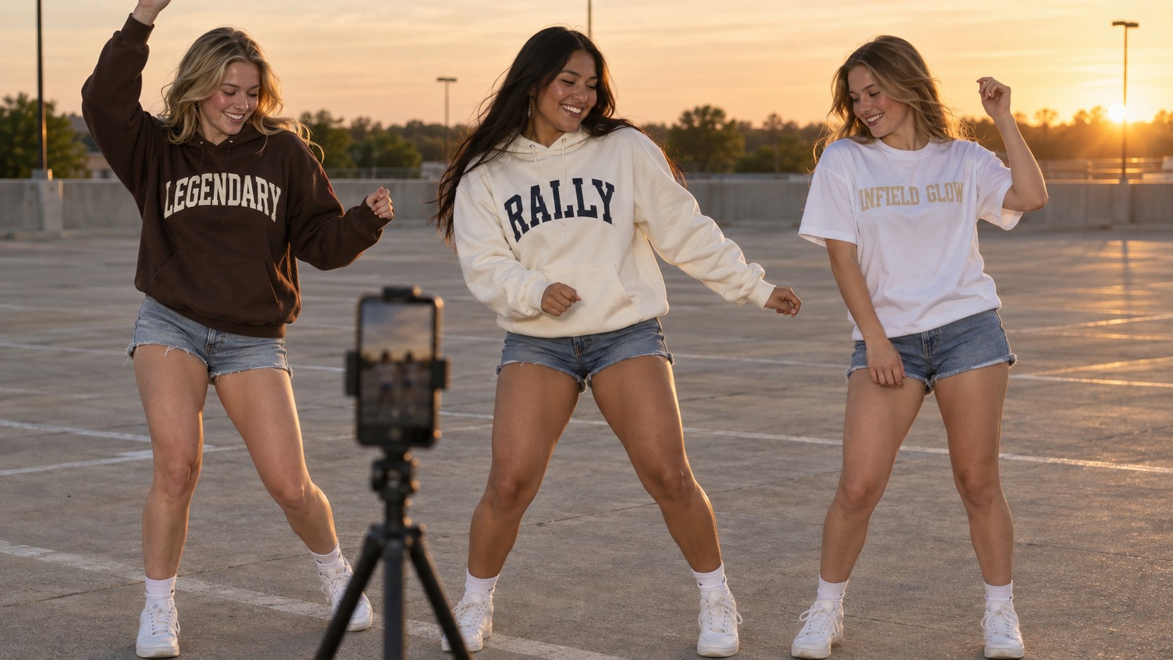 three friends filming a dance in an empty car park at golden hour, phone on a tripod in the foreground