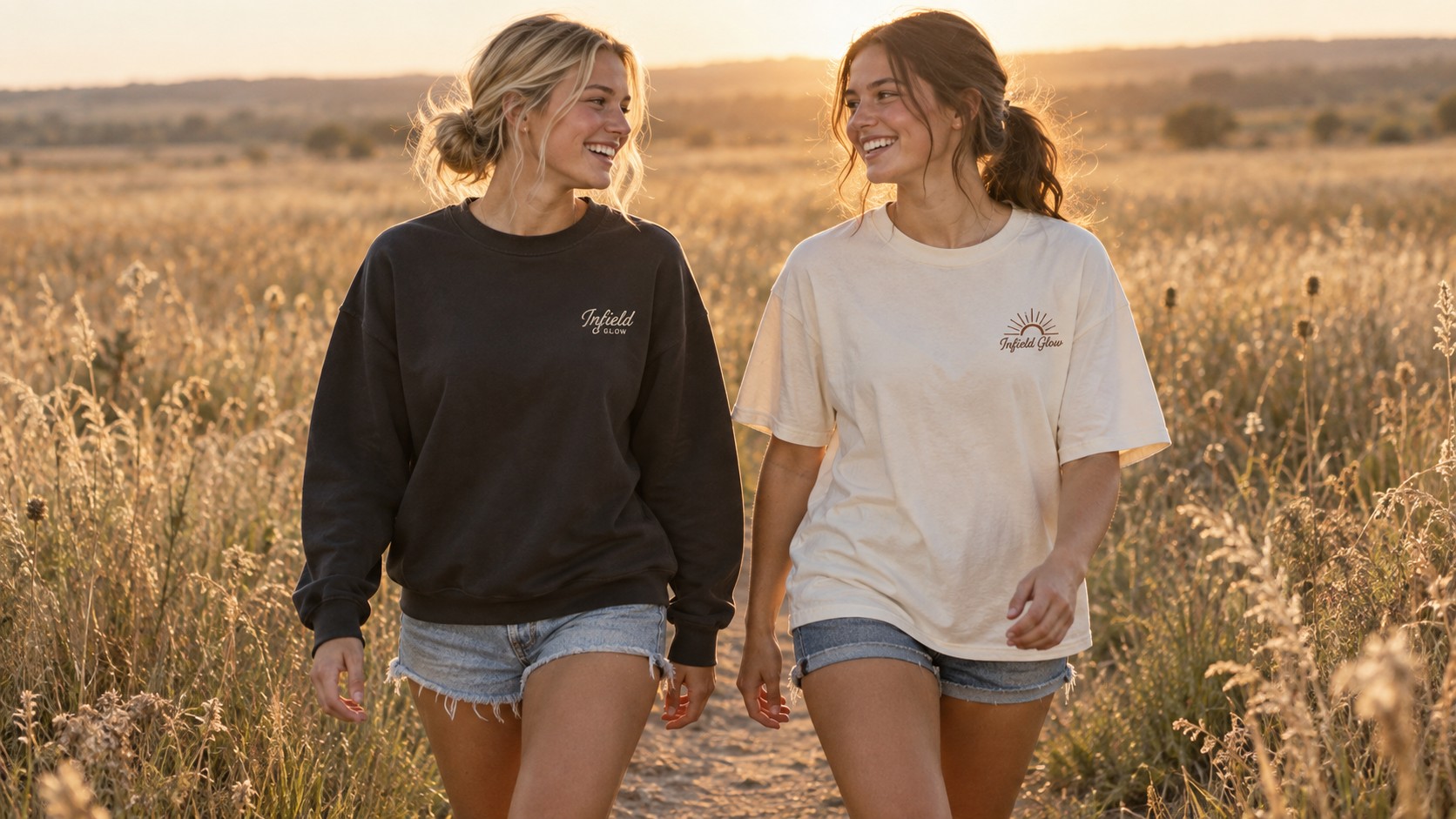 two friends walking a dirt track through tall prairie grass, late sun behind them, dust and seed heads in the light