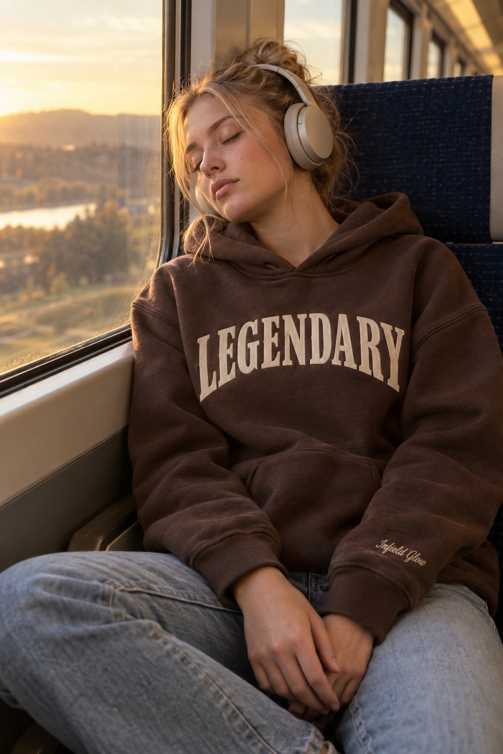 a girl asleep against a train window with headphones on, soft daylight across her face
