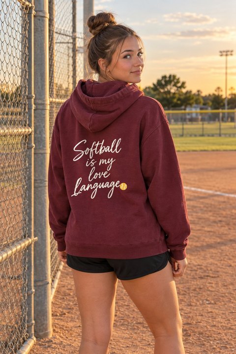 Softball Is My Love Language Hoodie in Pigment Maroon
