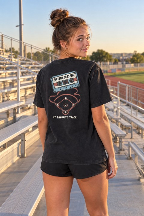 Softball on Repeat Tee in Washed Black